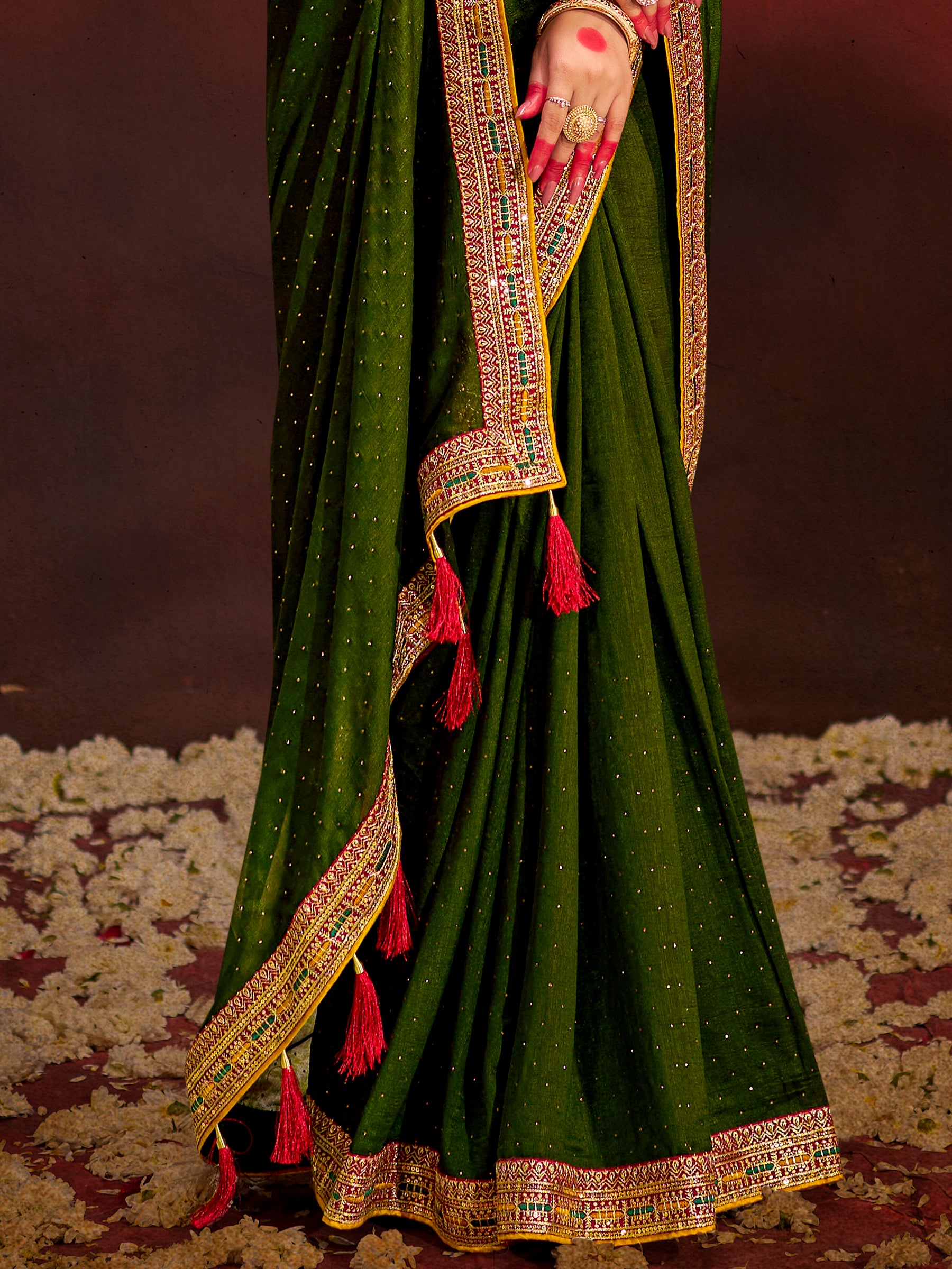 Incredible Green Heavy Lace Work Silk Event Wear Saree With Blouse