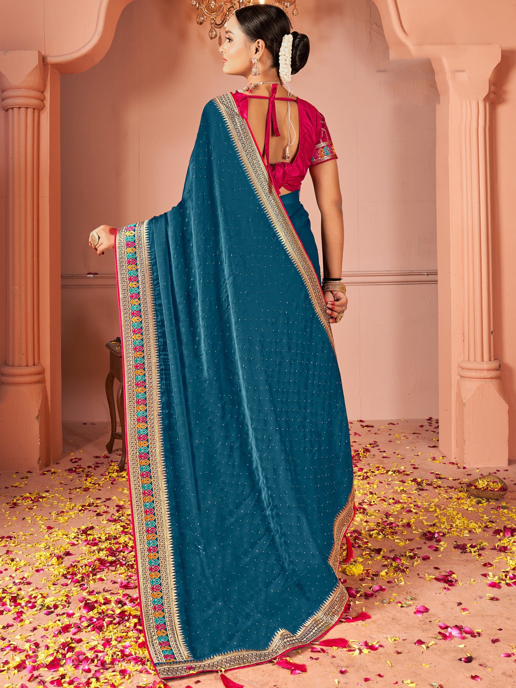 Gorgeous Teal Blue Swarovski Work Silk Party Wear Saree