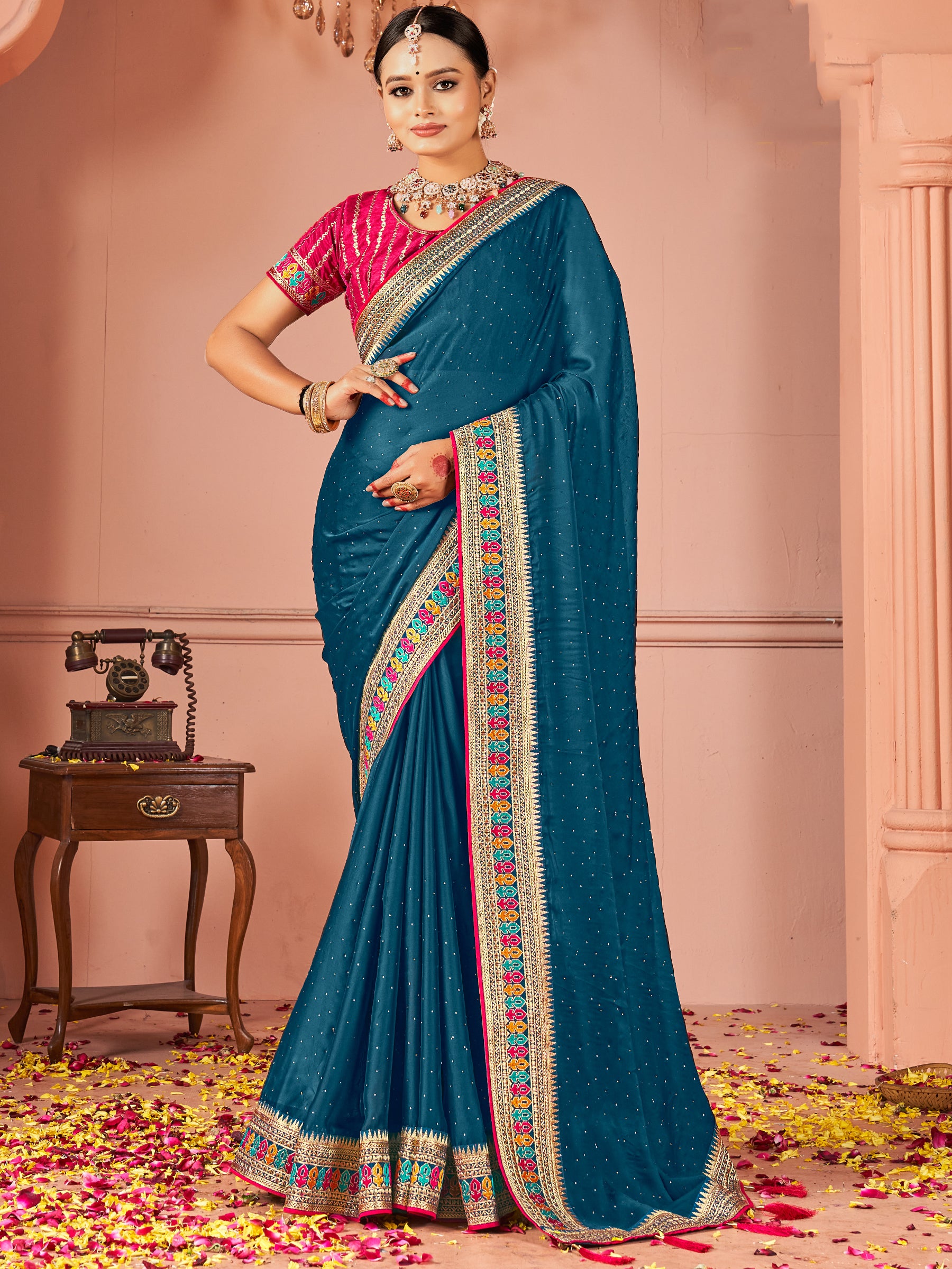 Gorgeous Teal Blue Swarovski Work Silk Party Wear Saree