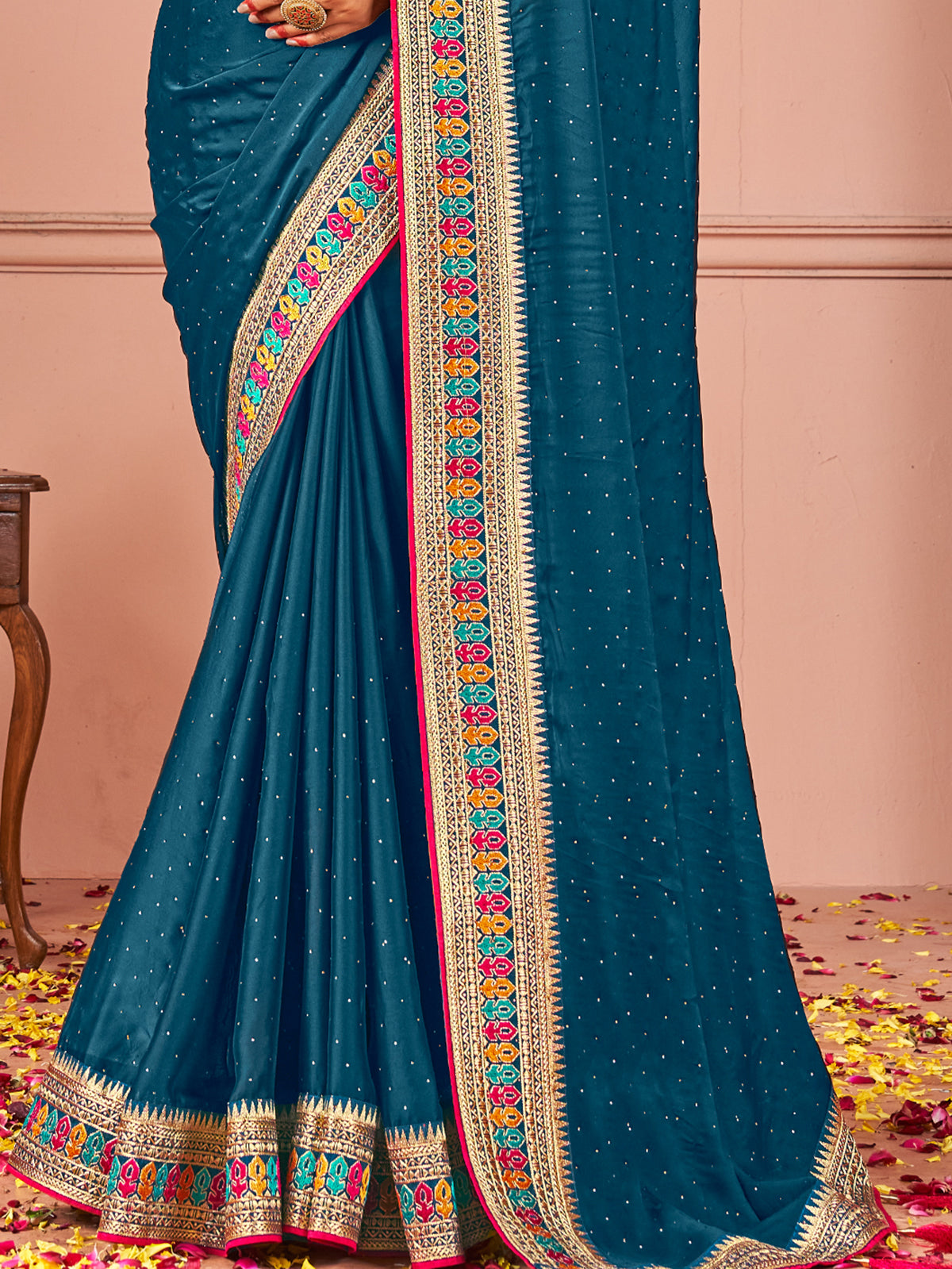 Gorgeous Teal Blue Swarovski Work Silk Party Wear Saree