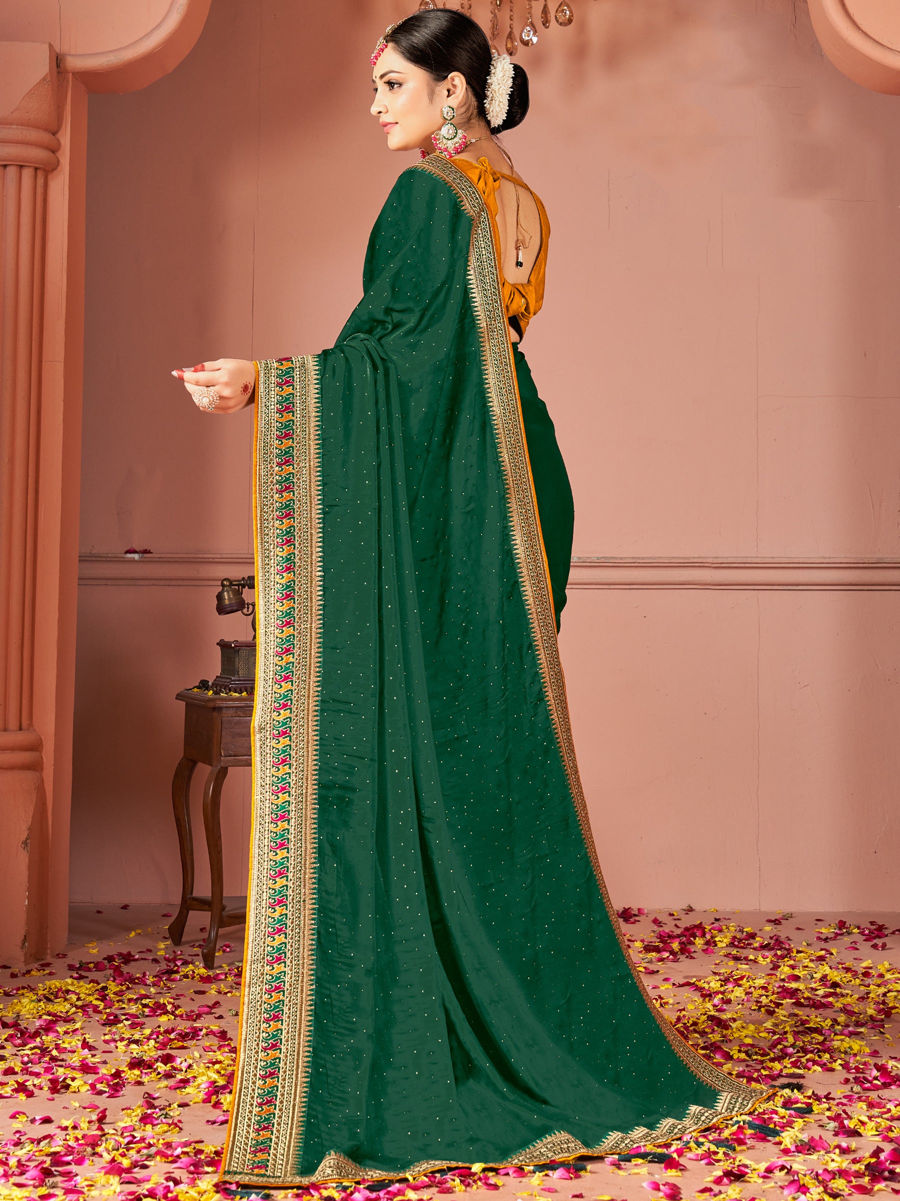 Awesome Green Swarovski Work Silk Evening Wear Saree