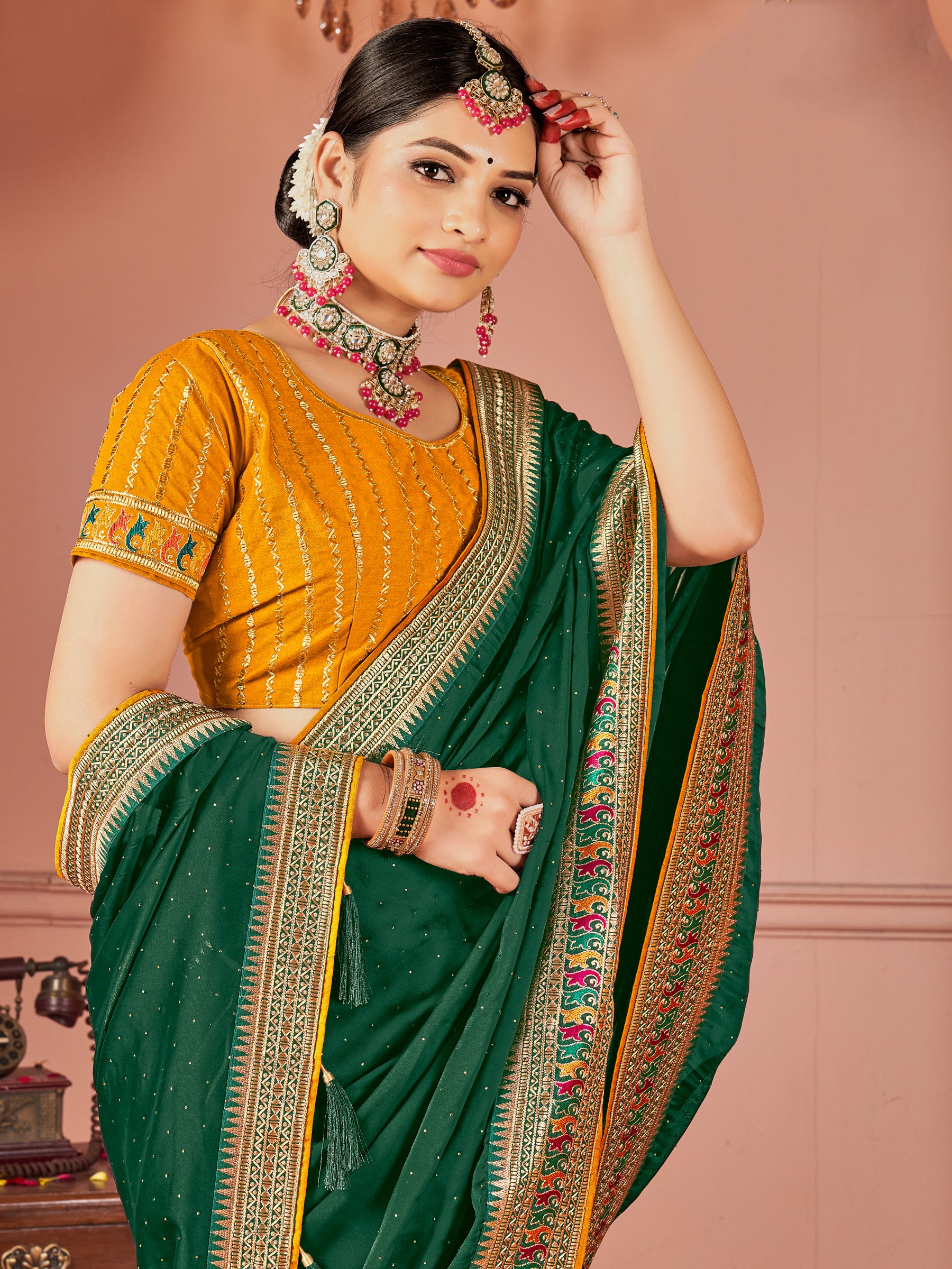 Awesome Green Swarovski Work Silk Evening Wear Saree