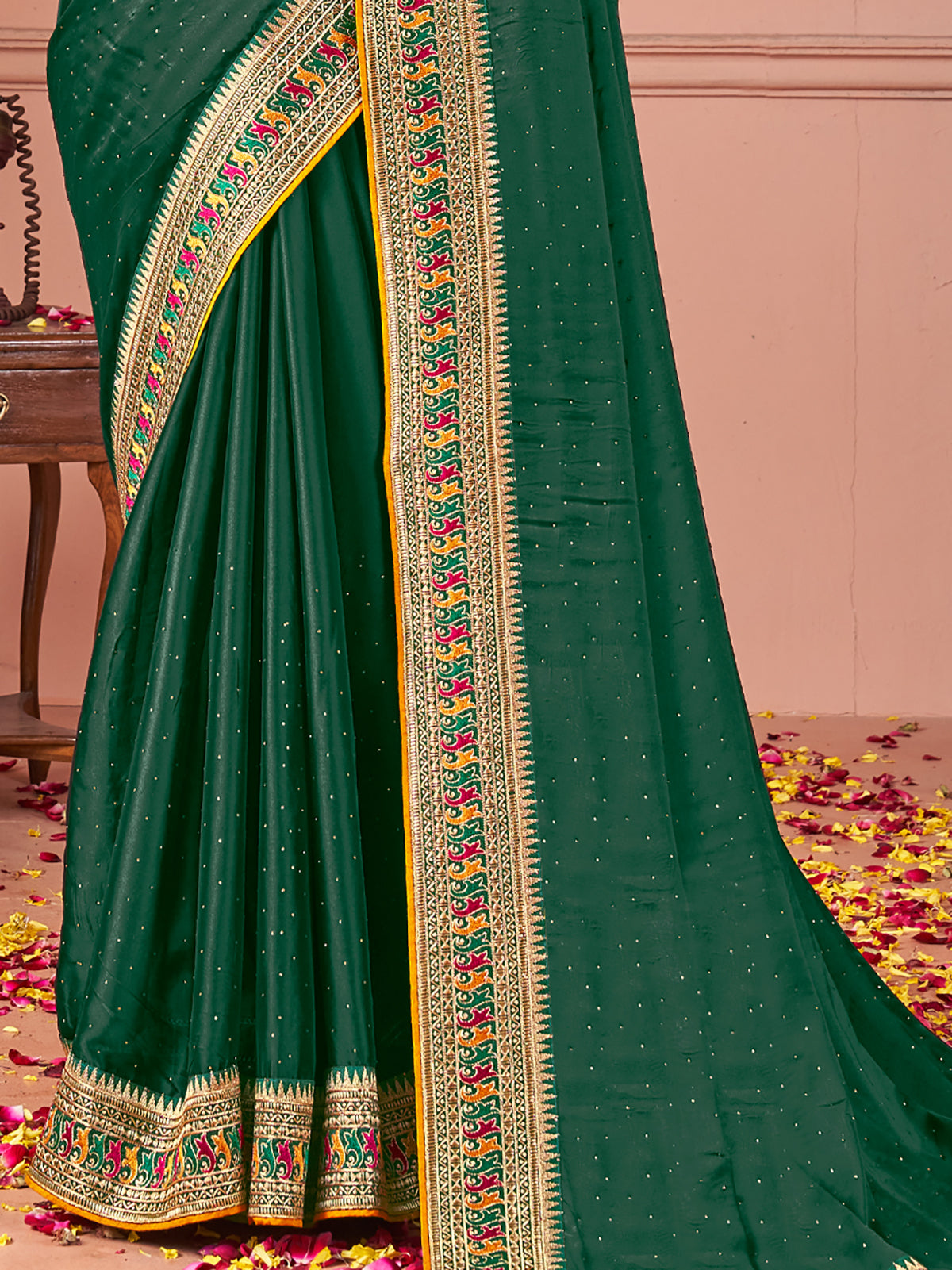 Awesome Green Swarovski Work Silk Evening Wear Saree