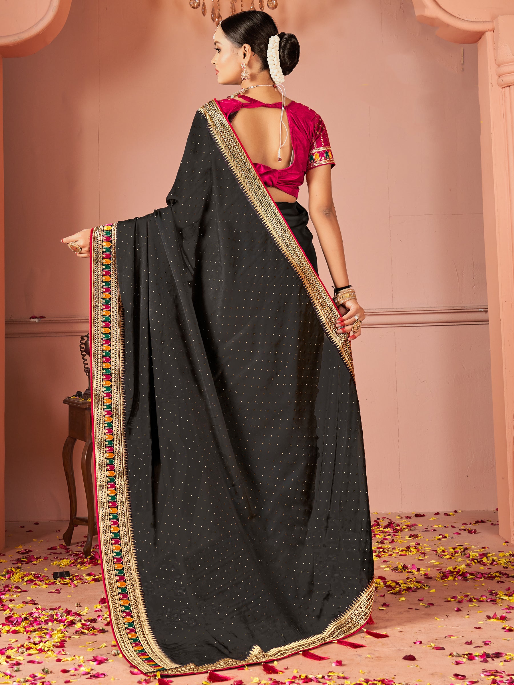 Marvelous Black Swarovski Work Silk Party Wear Saree
