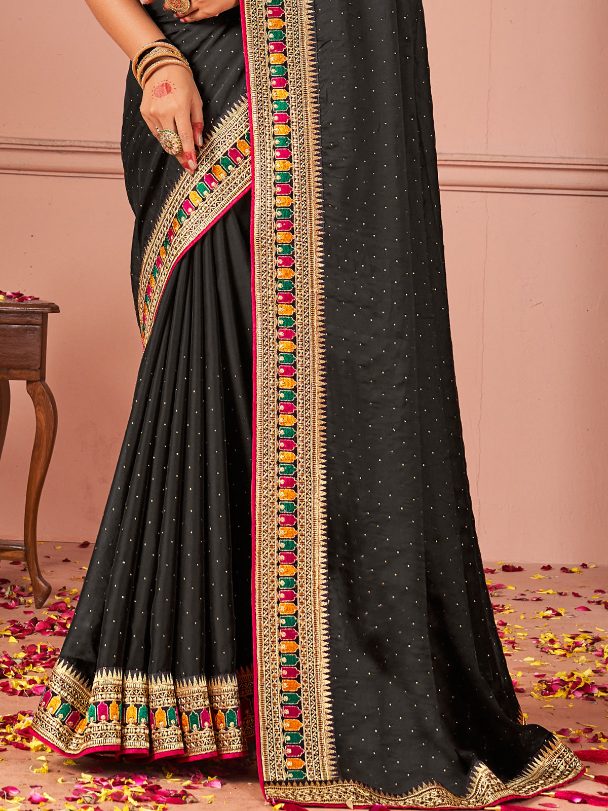 Marvelous Black Swarovski Work Silk Party Wear Saree