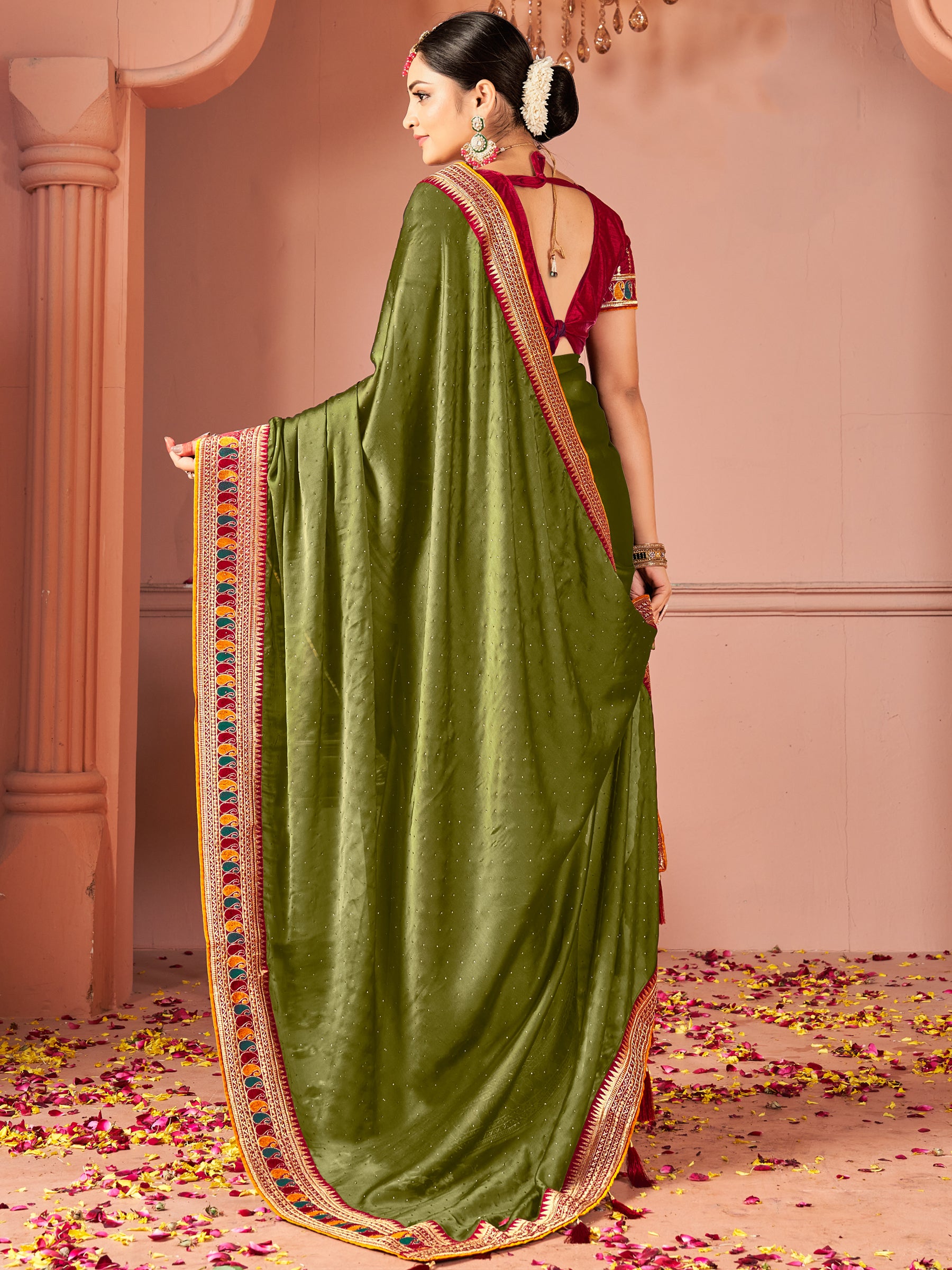 Dazzling Olive Green Swarovski Work Silk Festive Wear Saree With Blouse