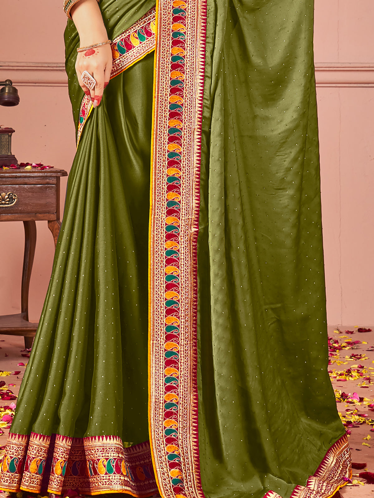 Dazzling Olive Green Swarovski Work Silk Festive Wear Saree With Blouse