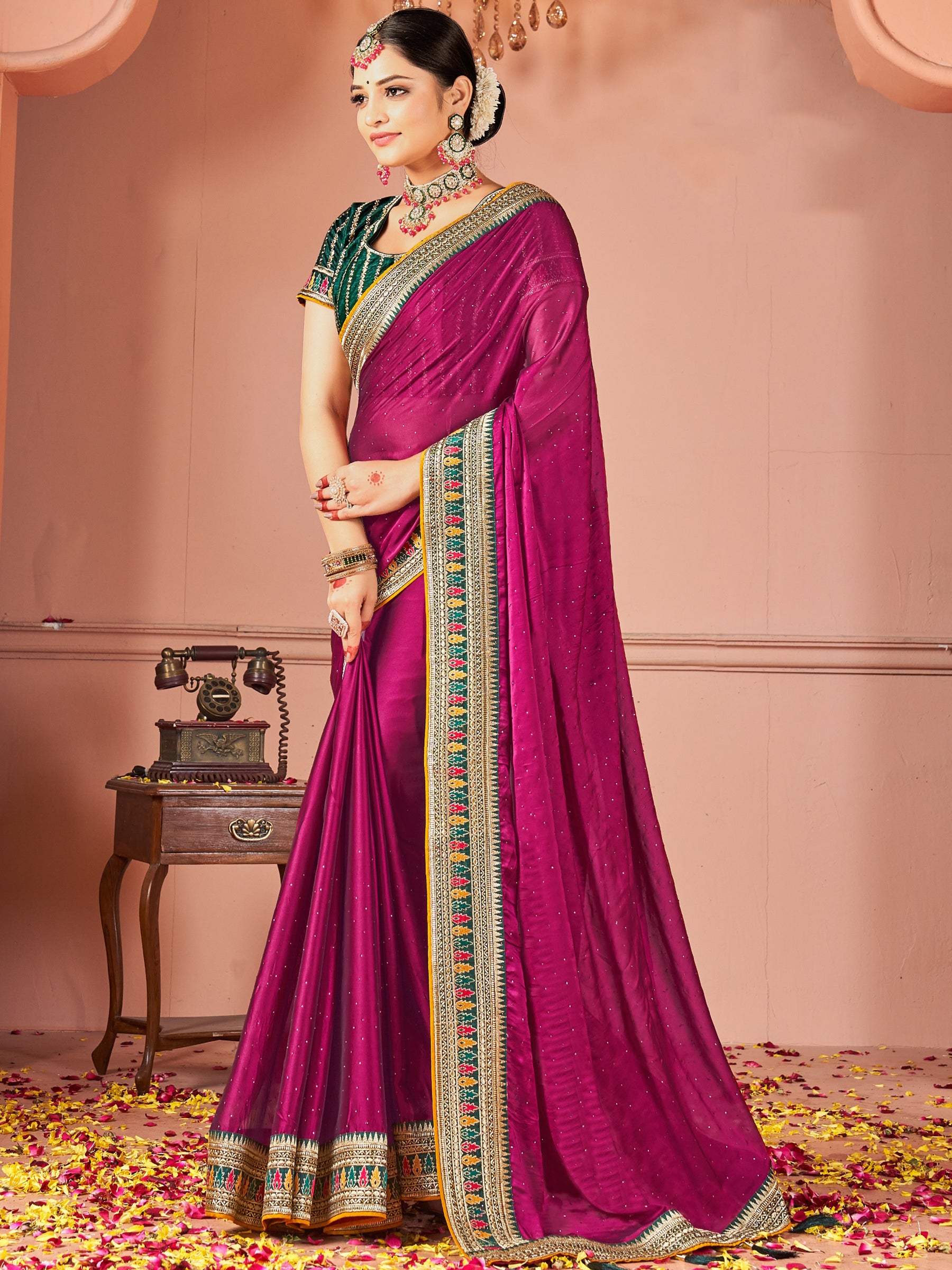 Spectacular Purple Swarovski Work Silk Party Wear Saree With Blouse