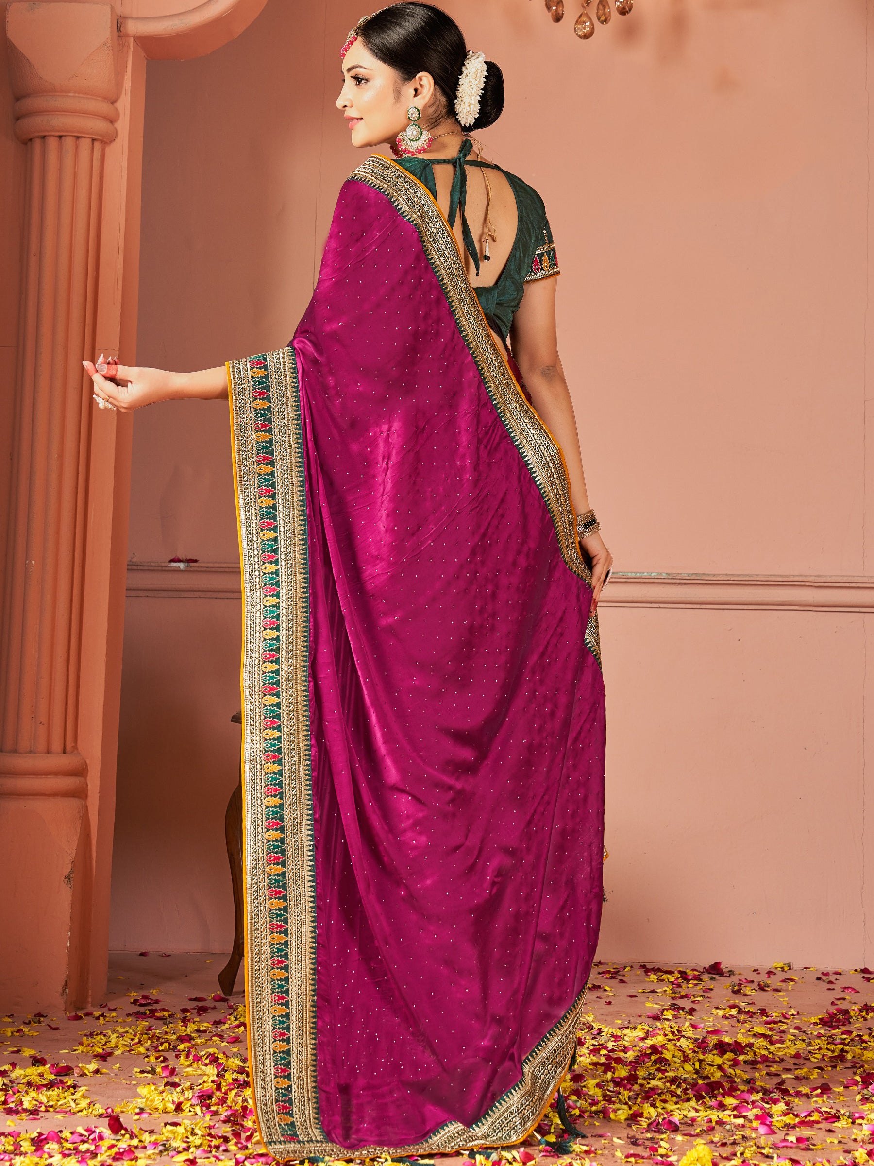 Spectacular Purple Swarovski Work Silk Party Wear Saree With Blouse