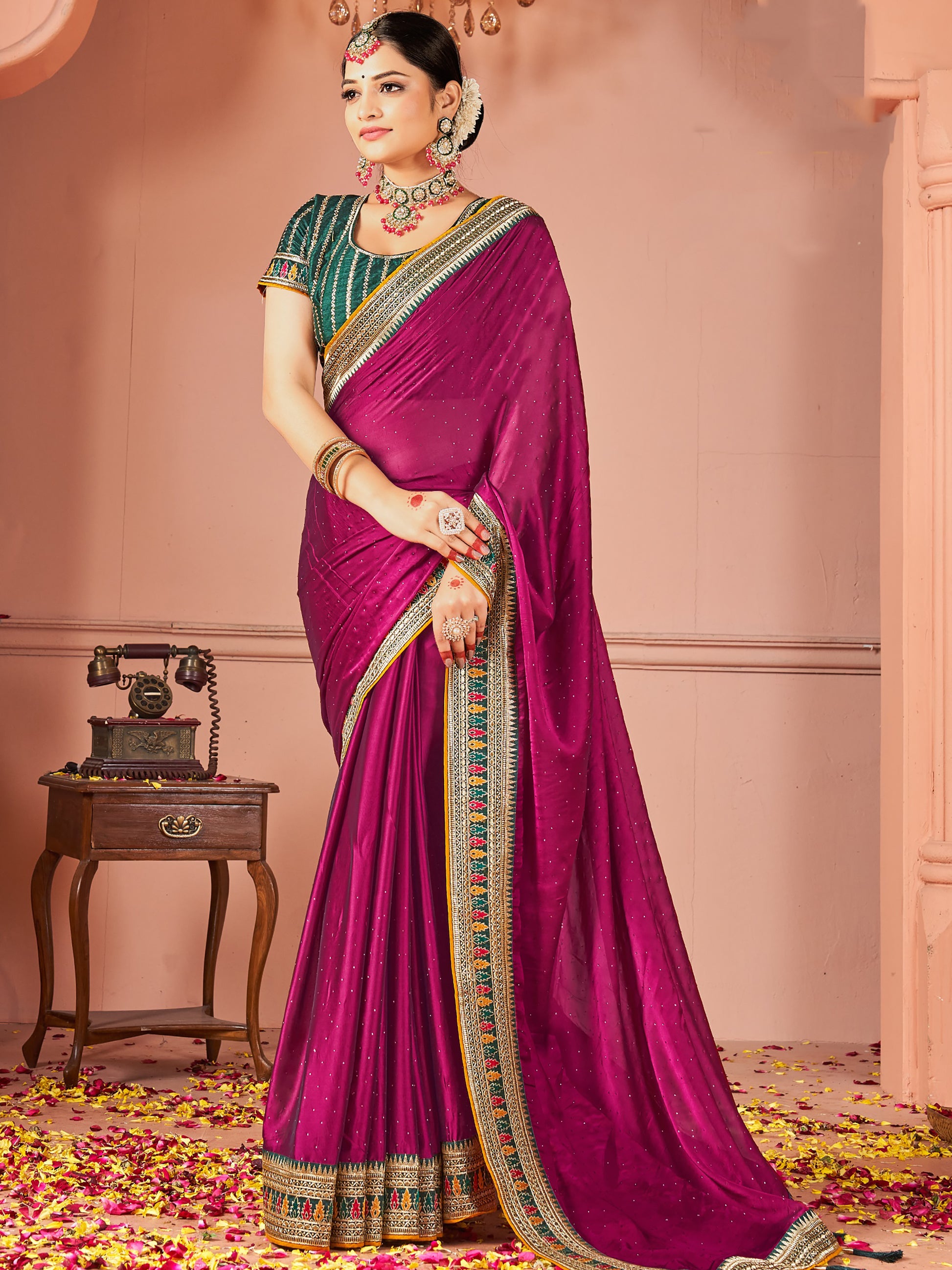 Spectacular Purple Swarovski Work Silk Party Wear Saree With Blouse