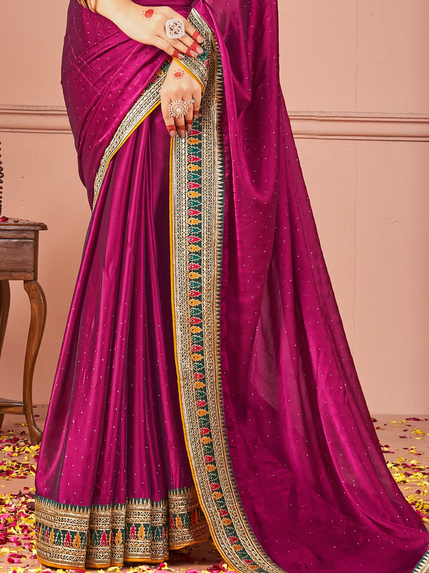 Spectacular Purple Swarovski Work Silk Party Wear Saree With Blouse