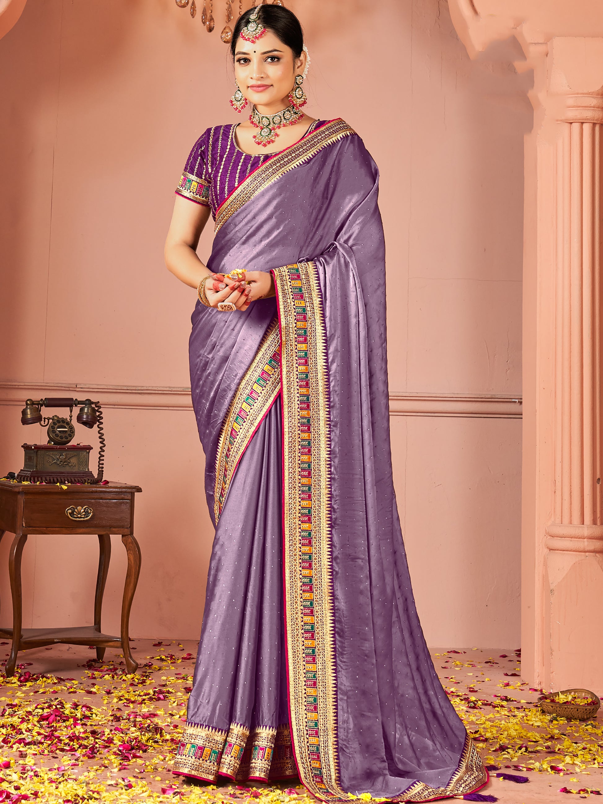 Glamorous Lavender Swarovski Work Silk Festive Wear Saree With Blouse