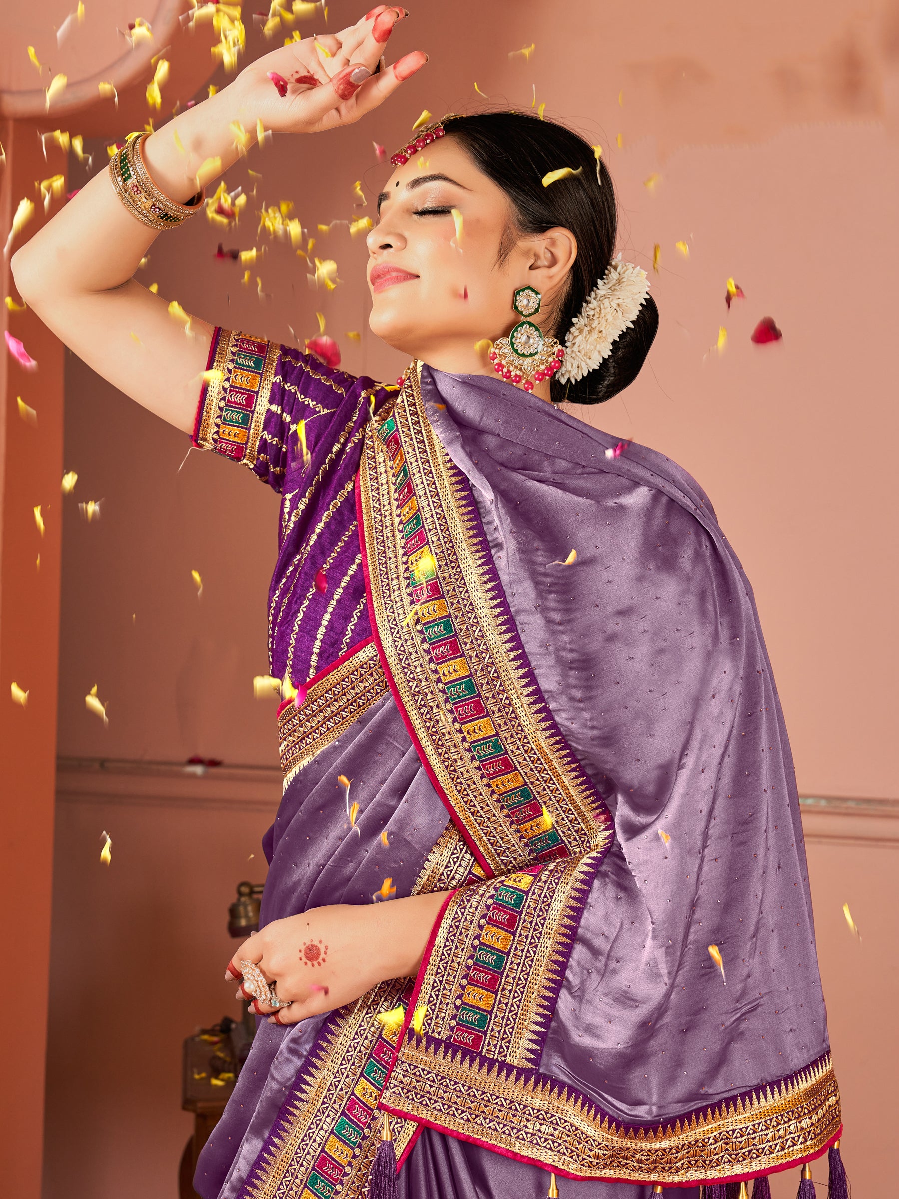 Glamorous Lavender Swarovski Work Silk Festive Wear Saree With Blouse