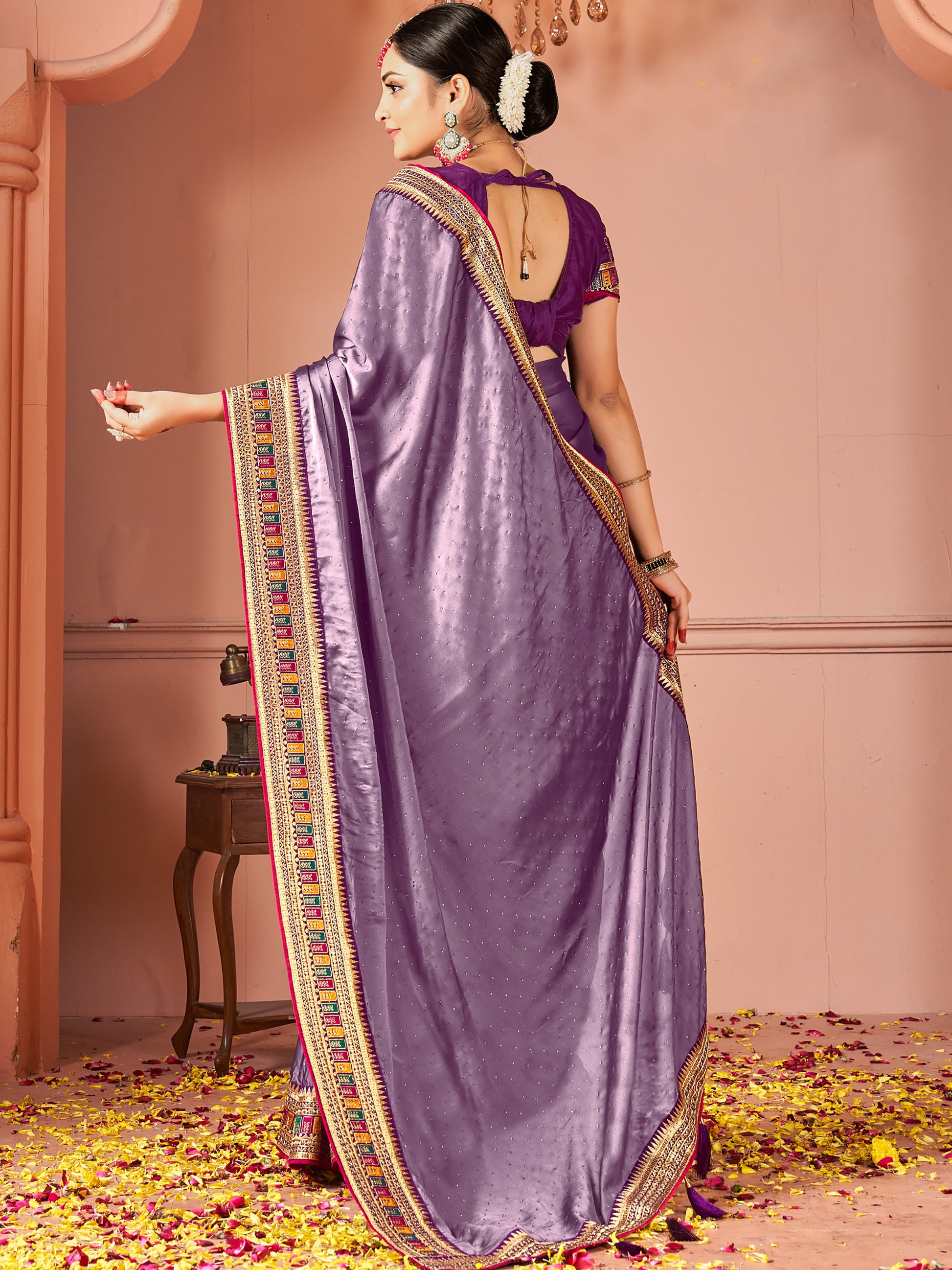 Glamorous Lavender Swarovski Work Silk Festive Wear Saree With Blouse