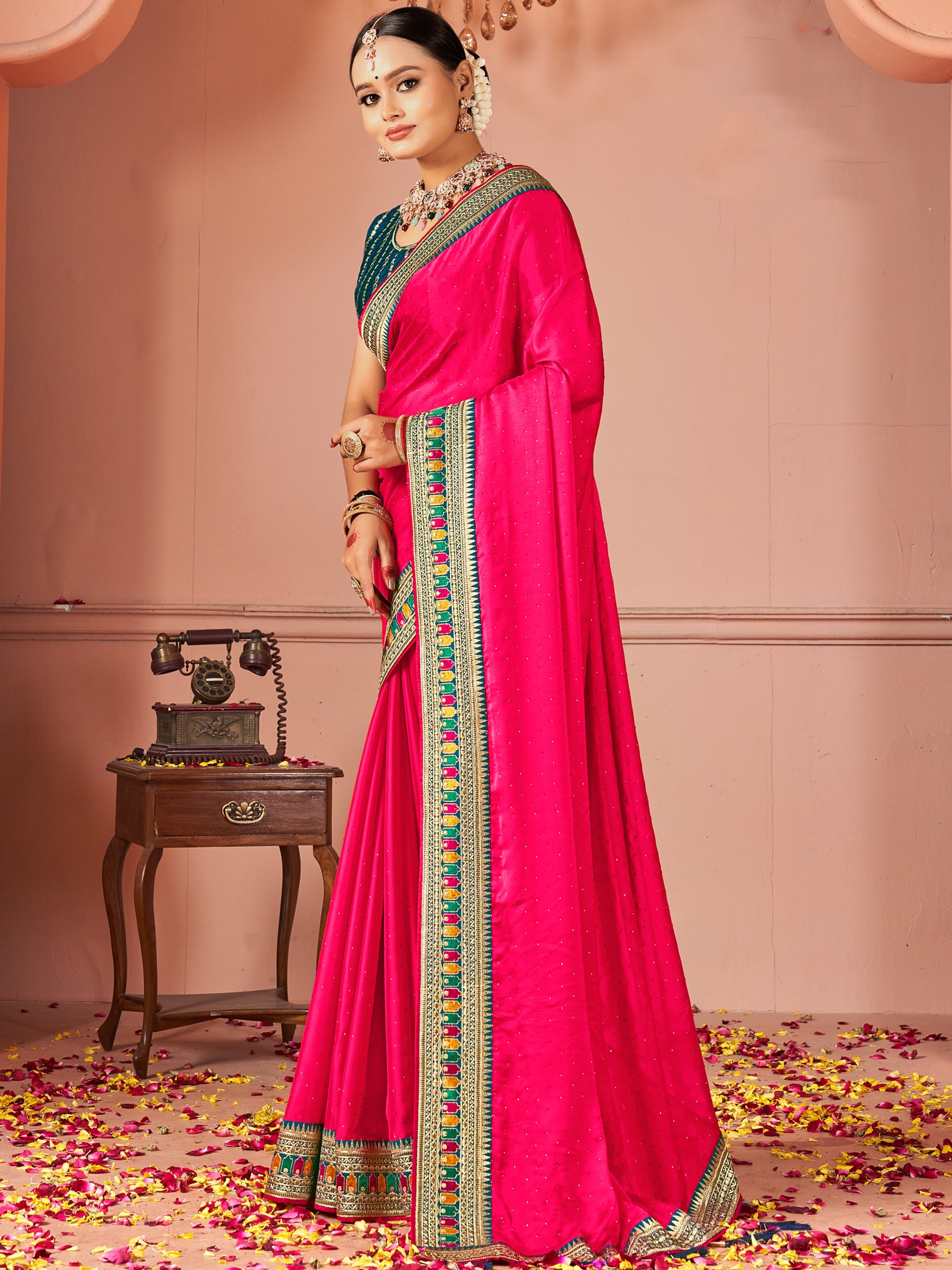 Beautiful Hot Pink Swarovski Work Silk Party Wear Saree