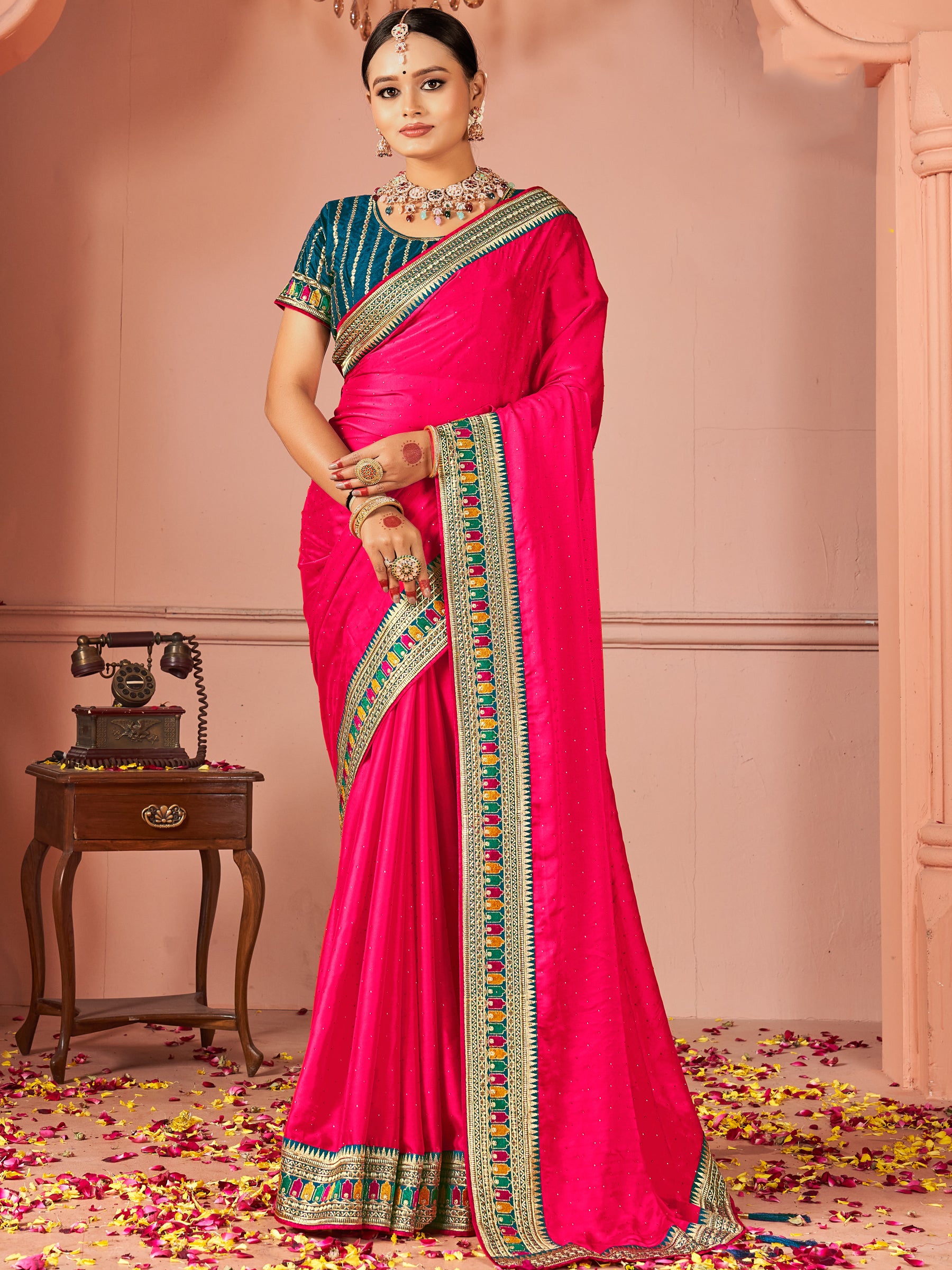Beautiful Hot Pink Swarovski Work Silk Party Wear Saree