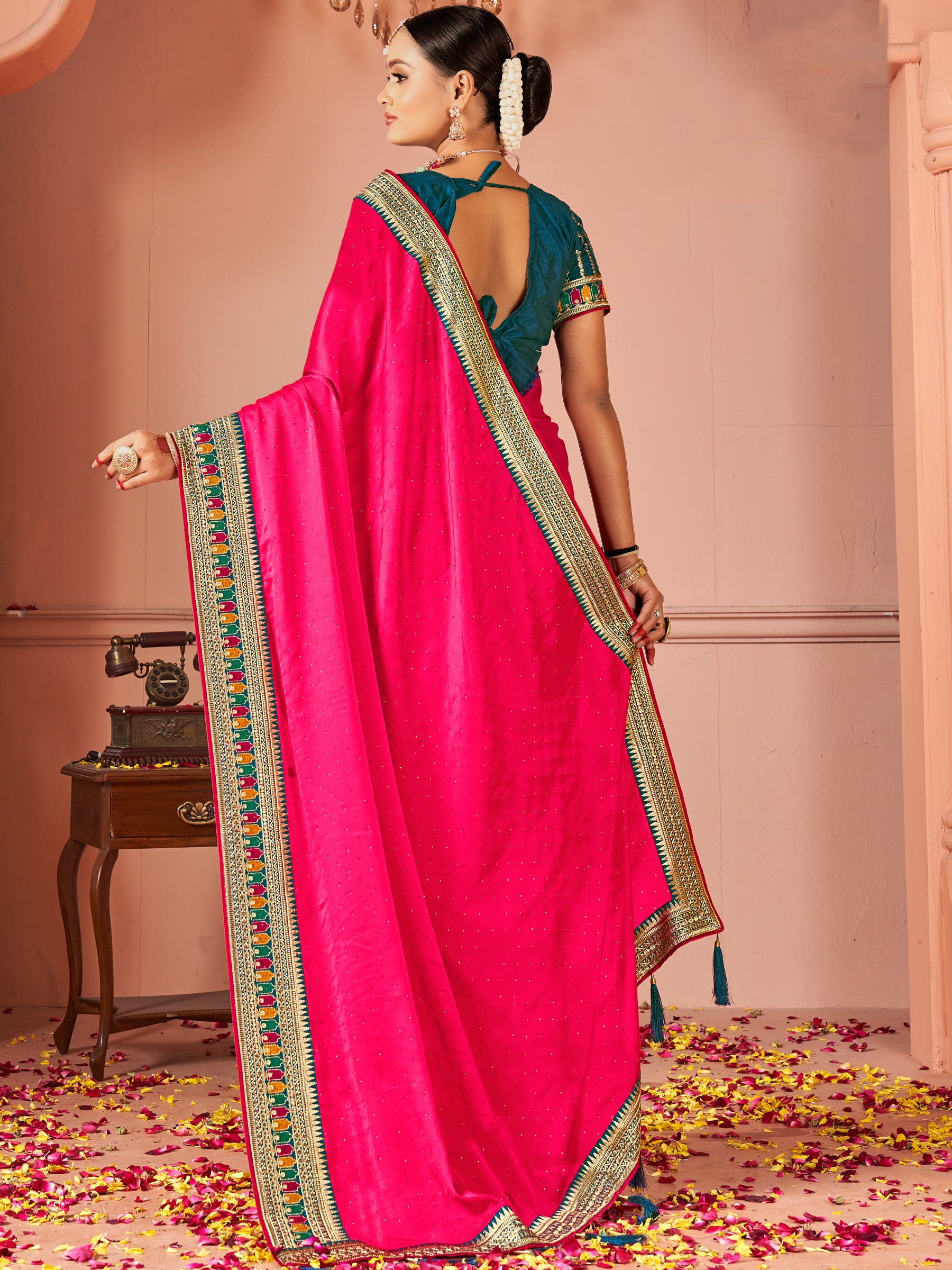 Beautiful Hot Pink Swarovski Work Silk Party Wear Saree