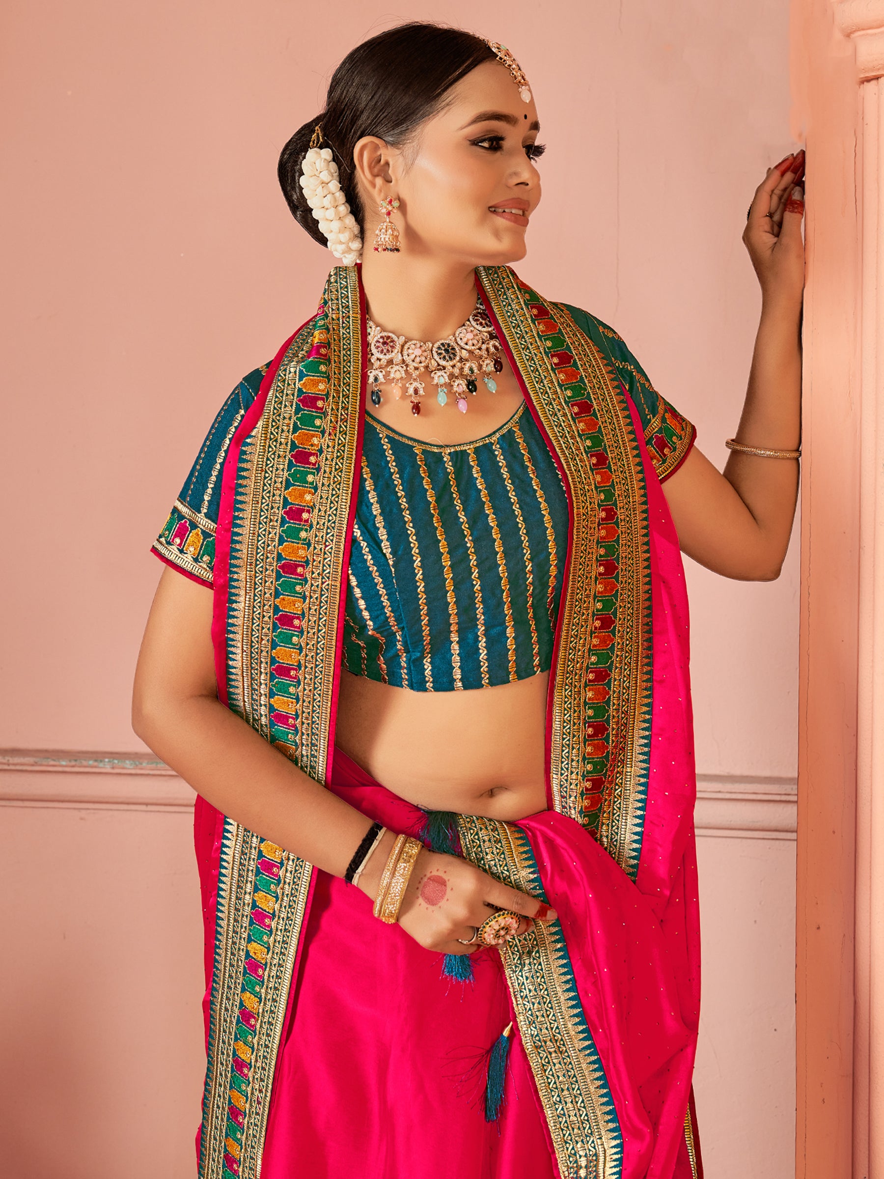 Beautiful Hot Pink Swarovski Work Silk Party Wear Saree