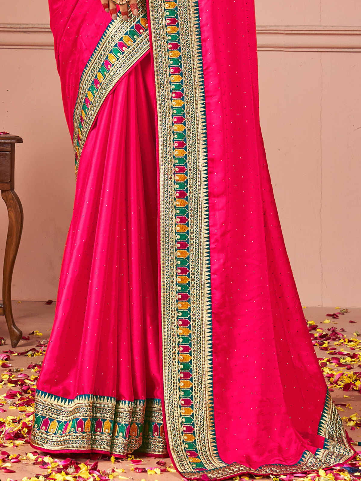 Beautiful Hot Pink Swarovski Work Silk Party Wear Saree