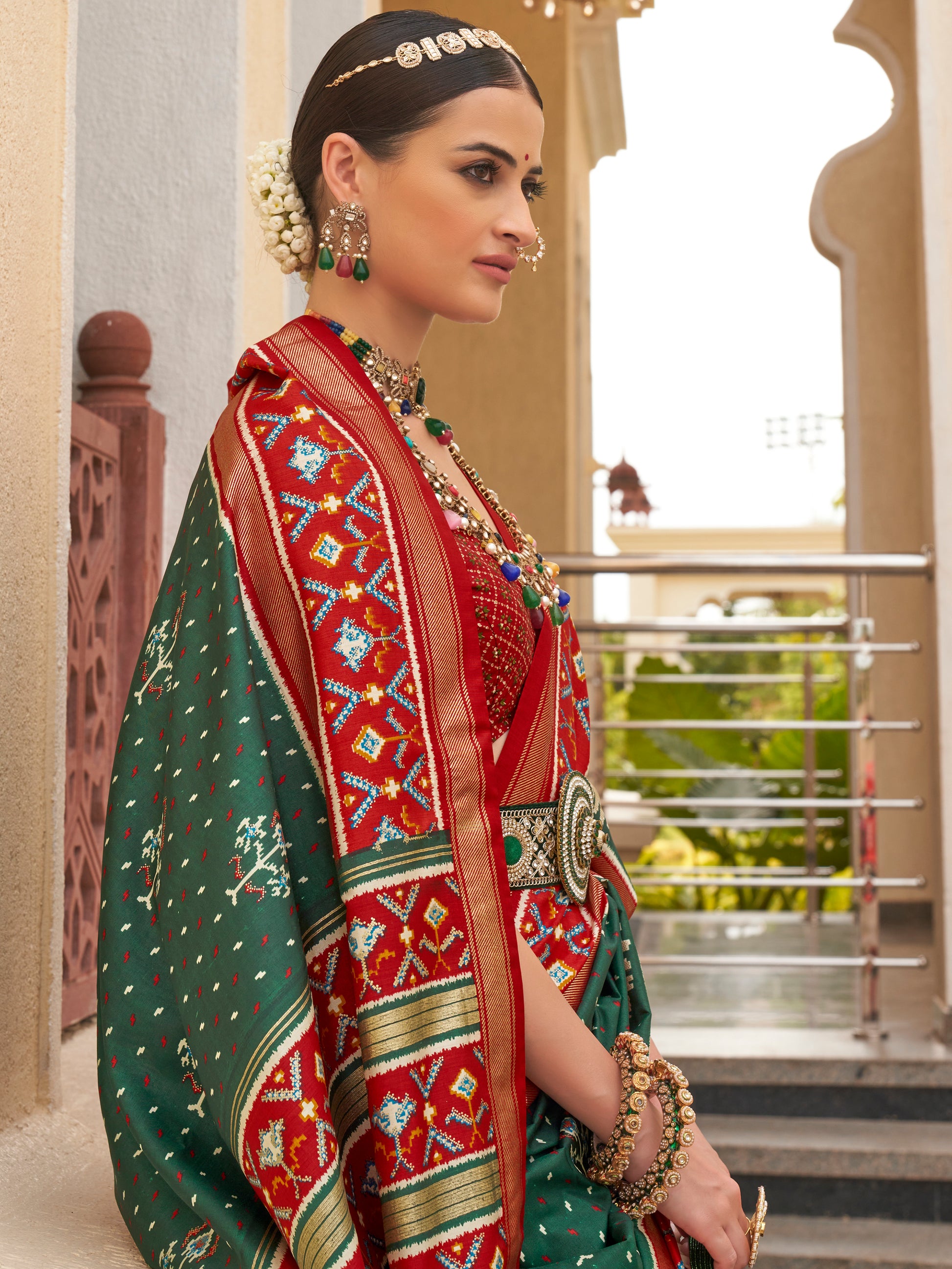 Fabulous Green Patola Print Silk Engagement Wear Saree With Blouse