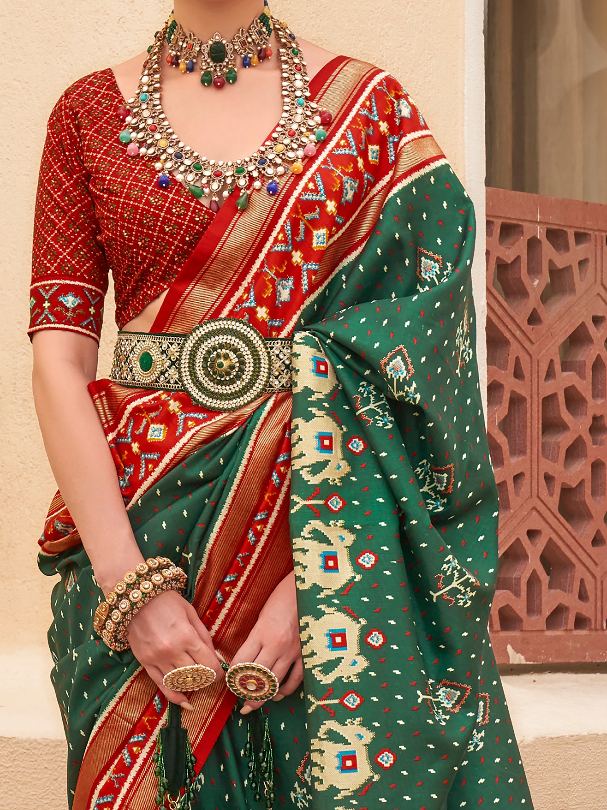 Fabulous Green Patola Print Silk Engagement Wear Saree With Blouse
