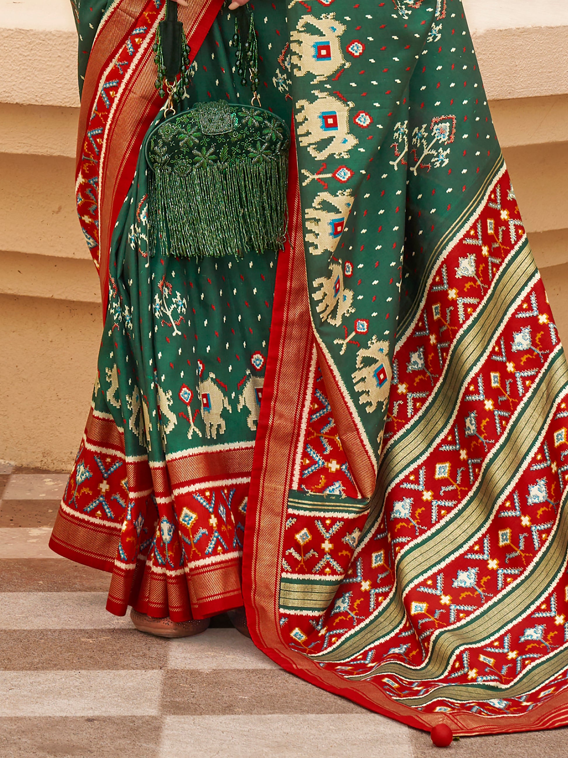 Fabulous Green Patola Print Silk Engagement Wear Saree With Blouse