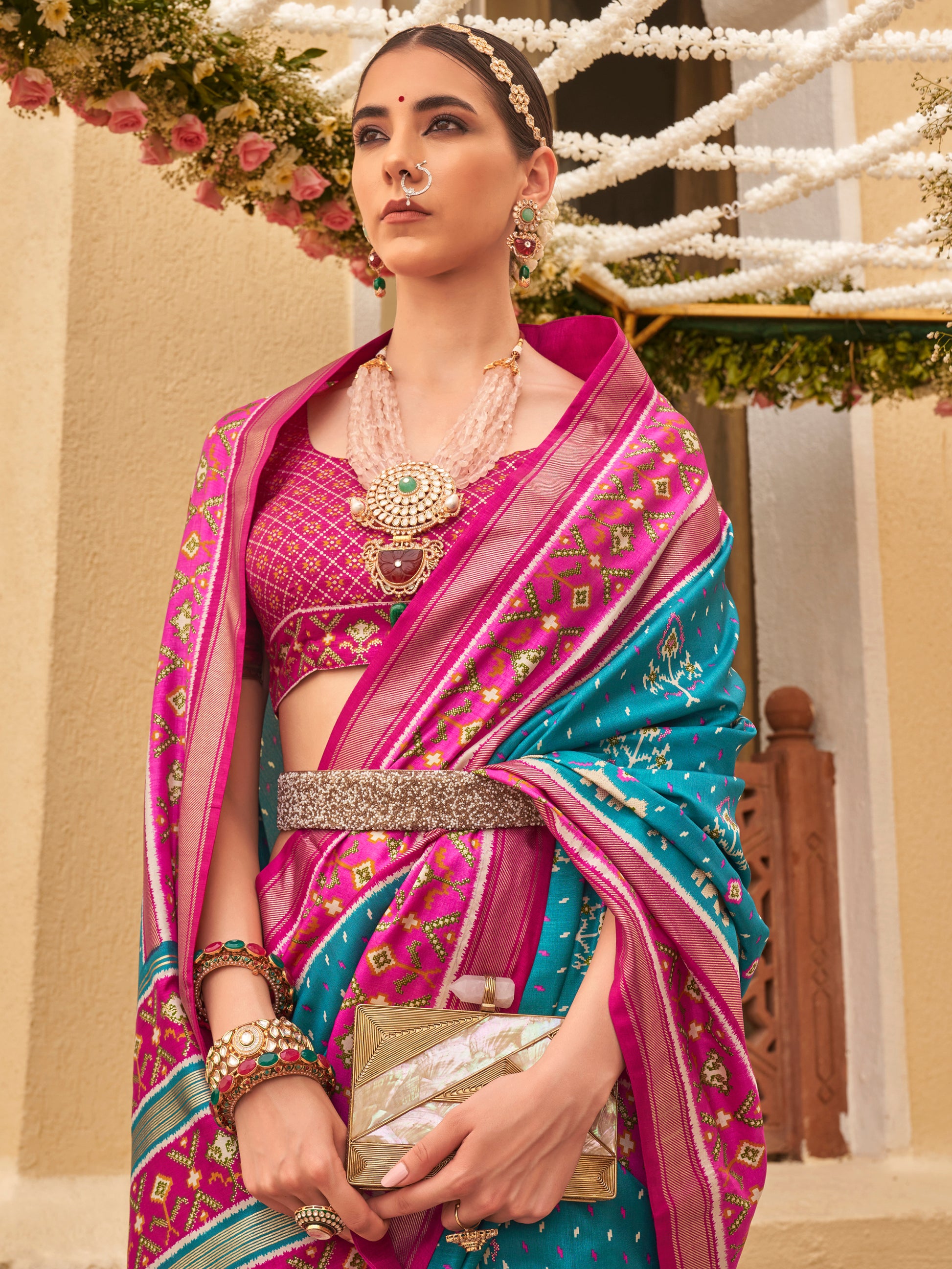 Lovely Aqua Blue Patola Print Silk Traditional Saree With Blouse