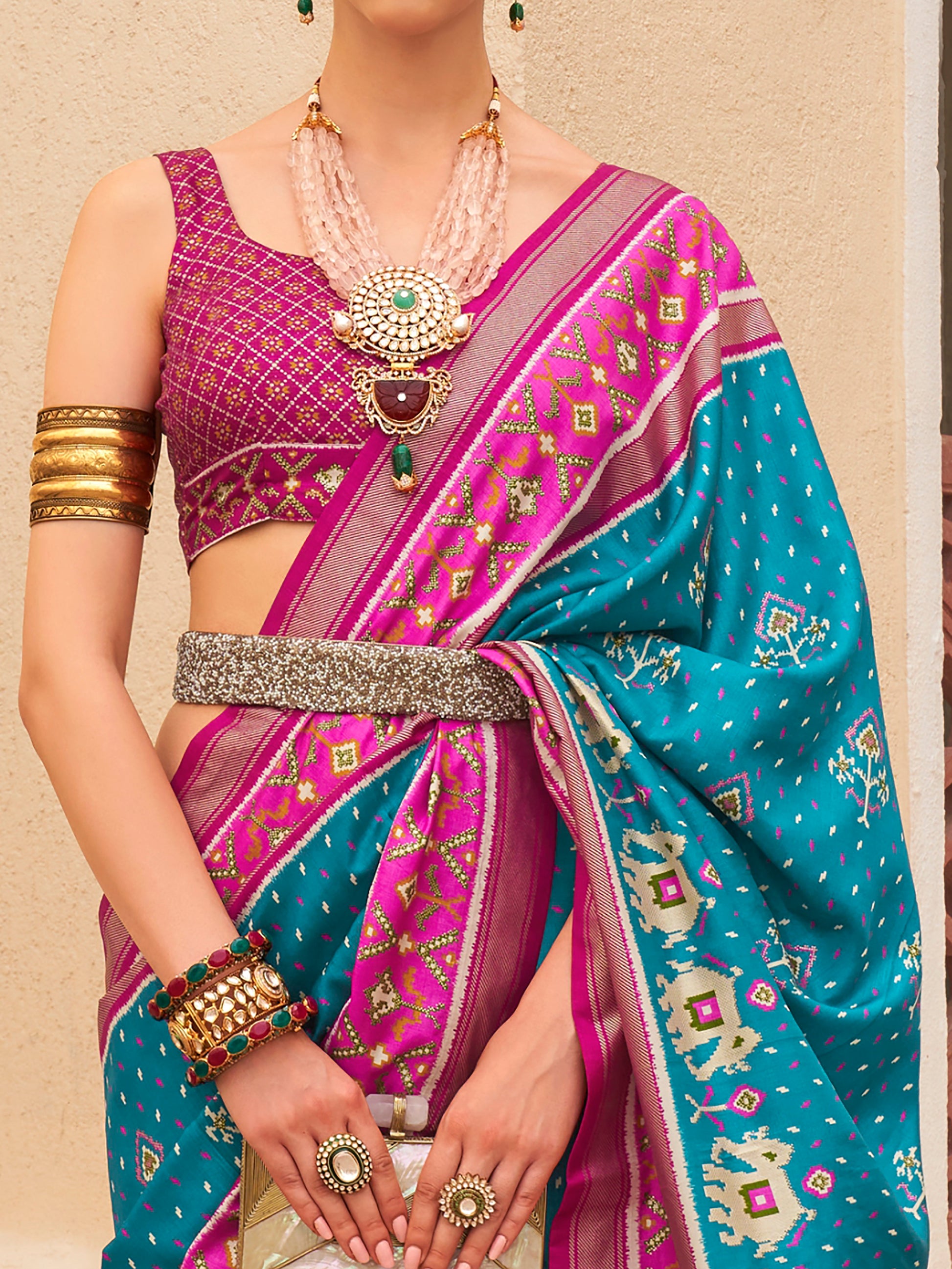 Lovely Aqua Blue Patola Print Silk Traditional Saree With Blouse