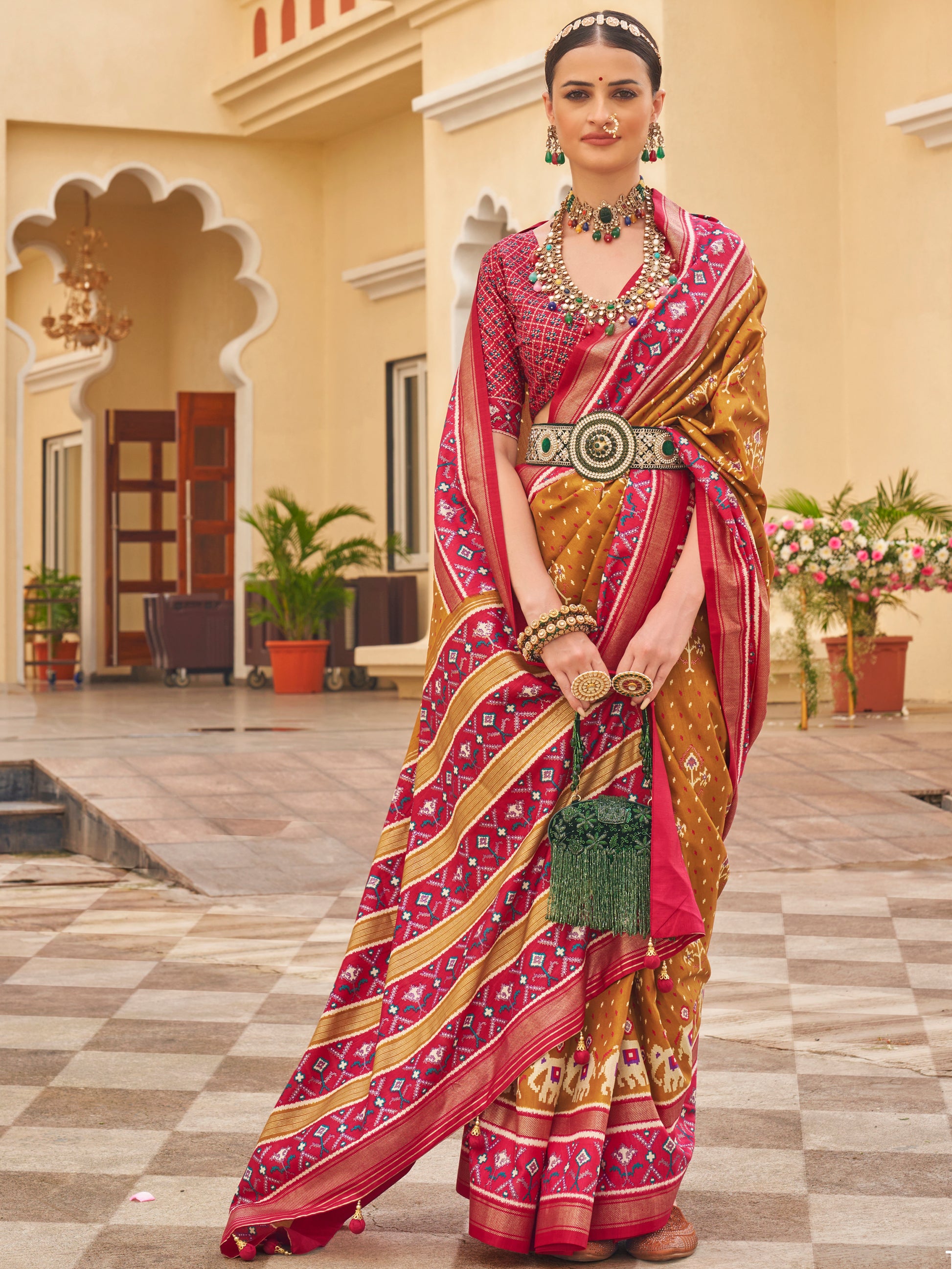 Enchanting Mustard Yellow Patola Print Silk Saree With Blouse
