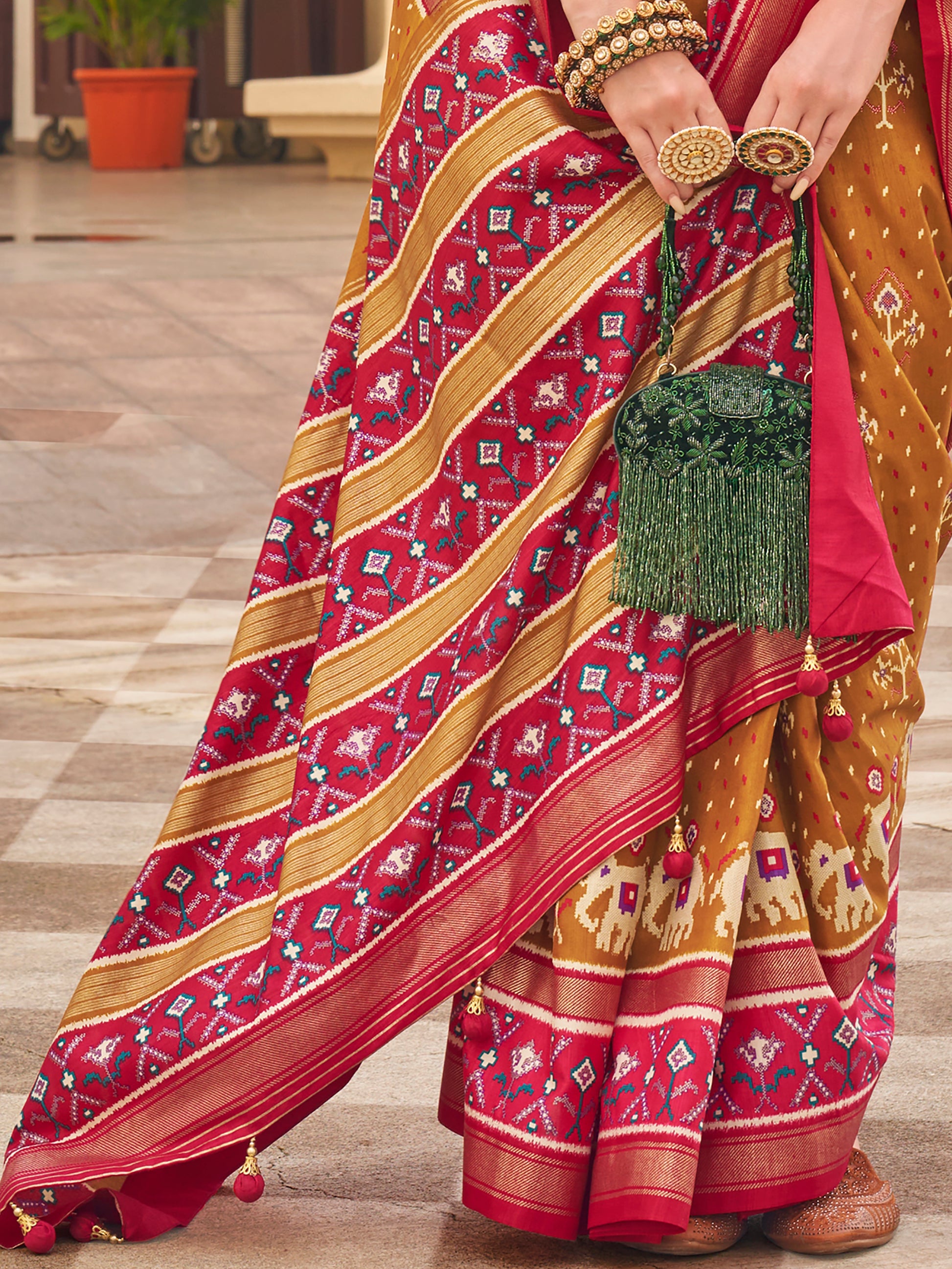 Enchanting Mustard Yellow Patola Print Silk Saree With Blouse
