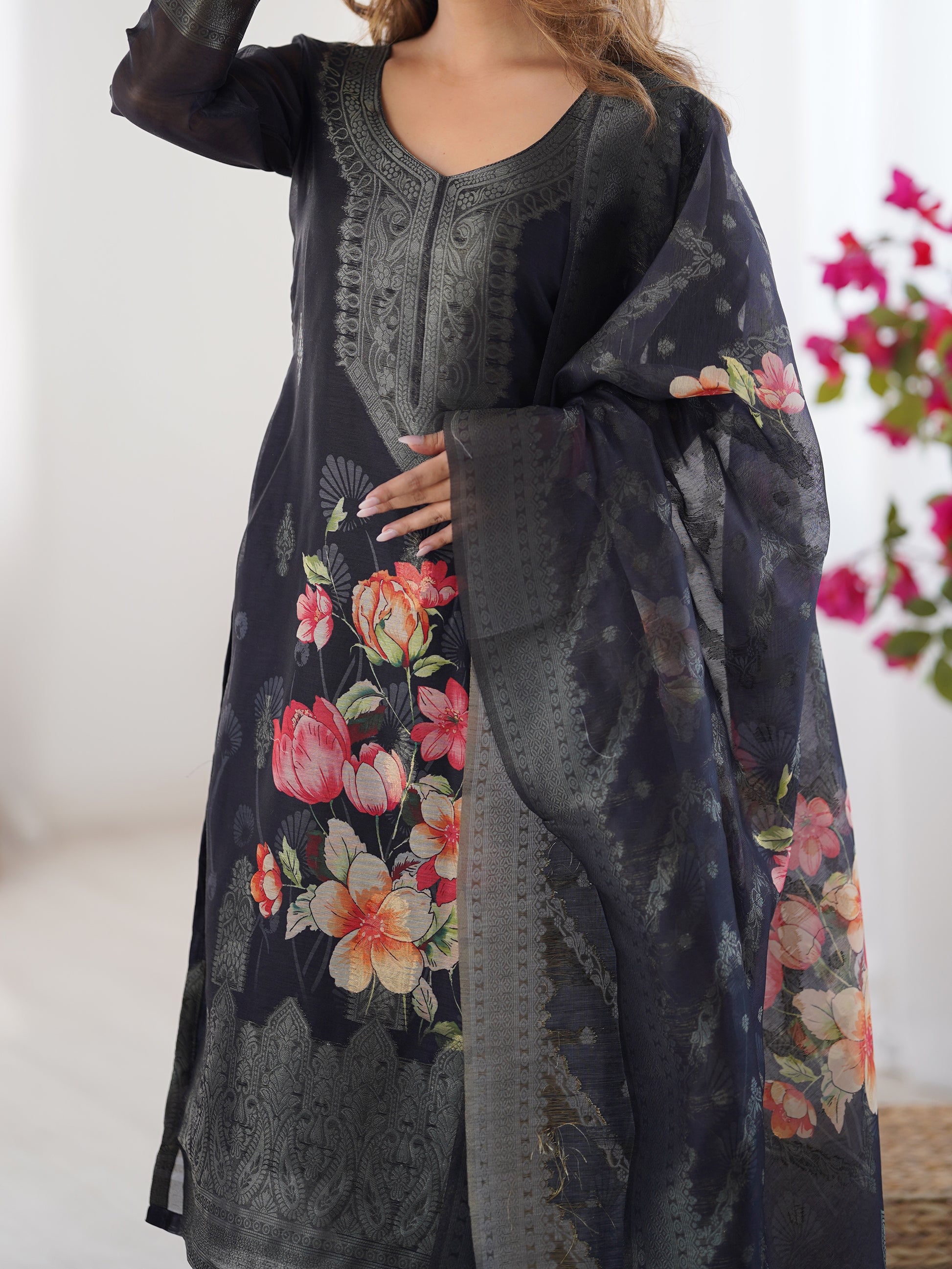 Dazzling Black Floral Printed Chanderi Traditional Pant Suit With Dupatta