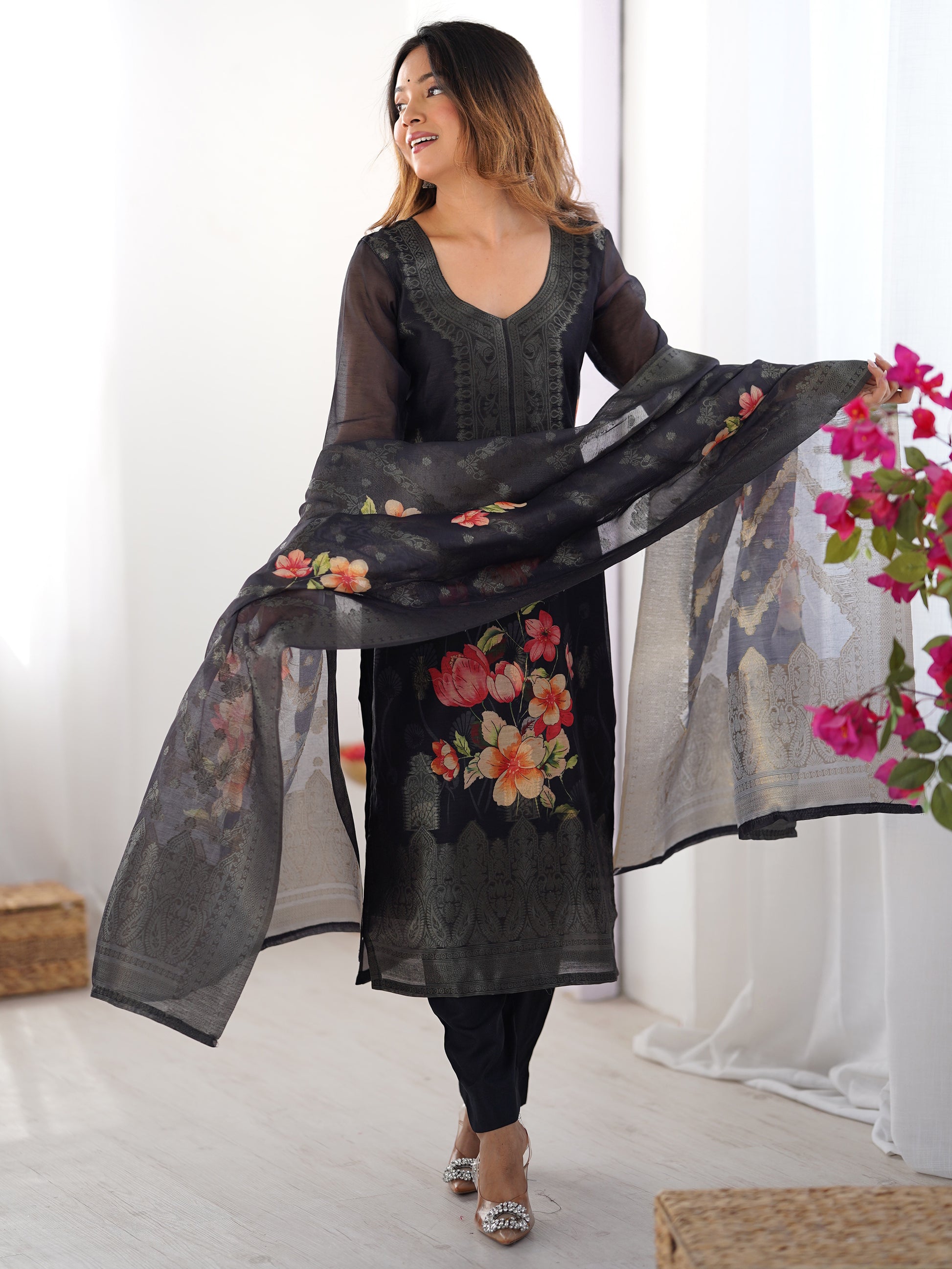 Dazzling Black Floral Printed Chanderi Traditional Pant Suit With Dupatta