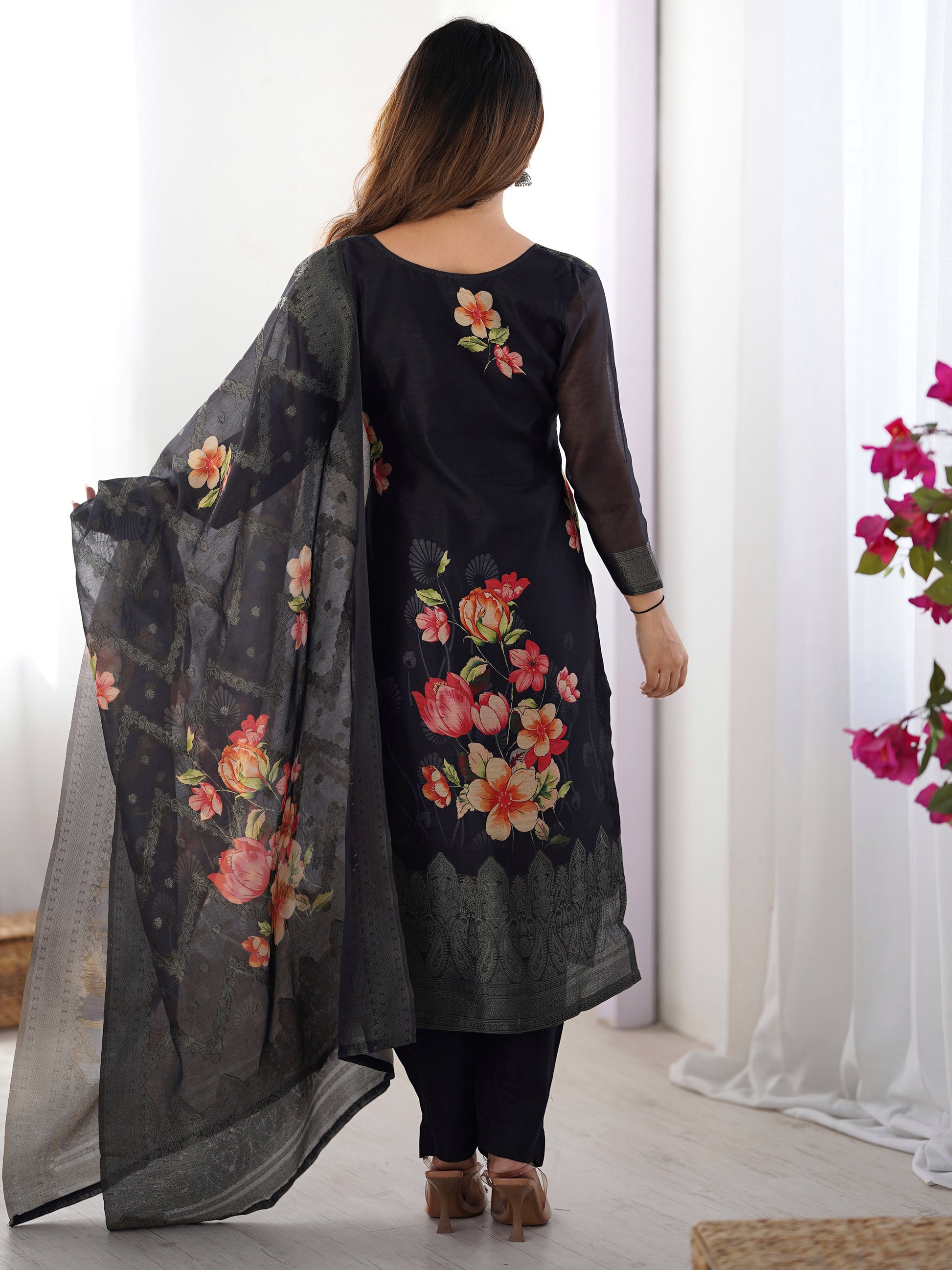 Dazzling Black Floral Printed Chanderi Traditional Pant Suit With Dupatta