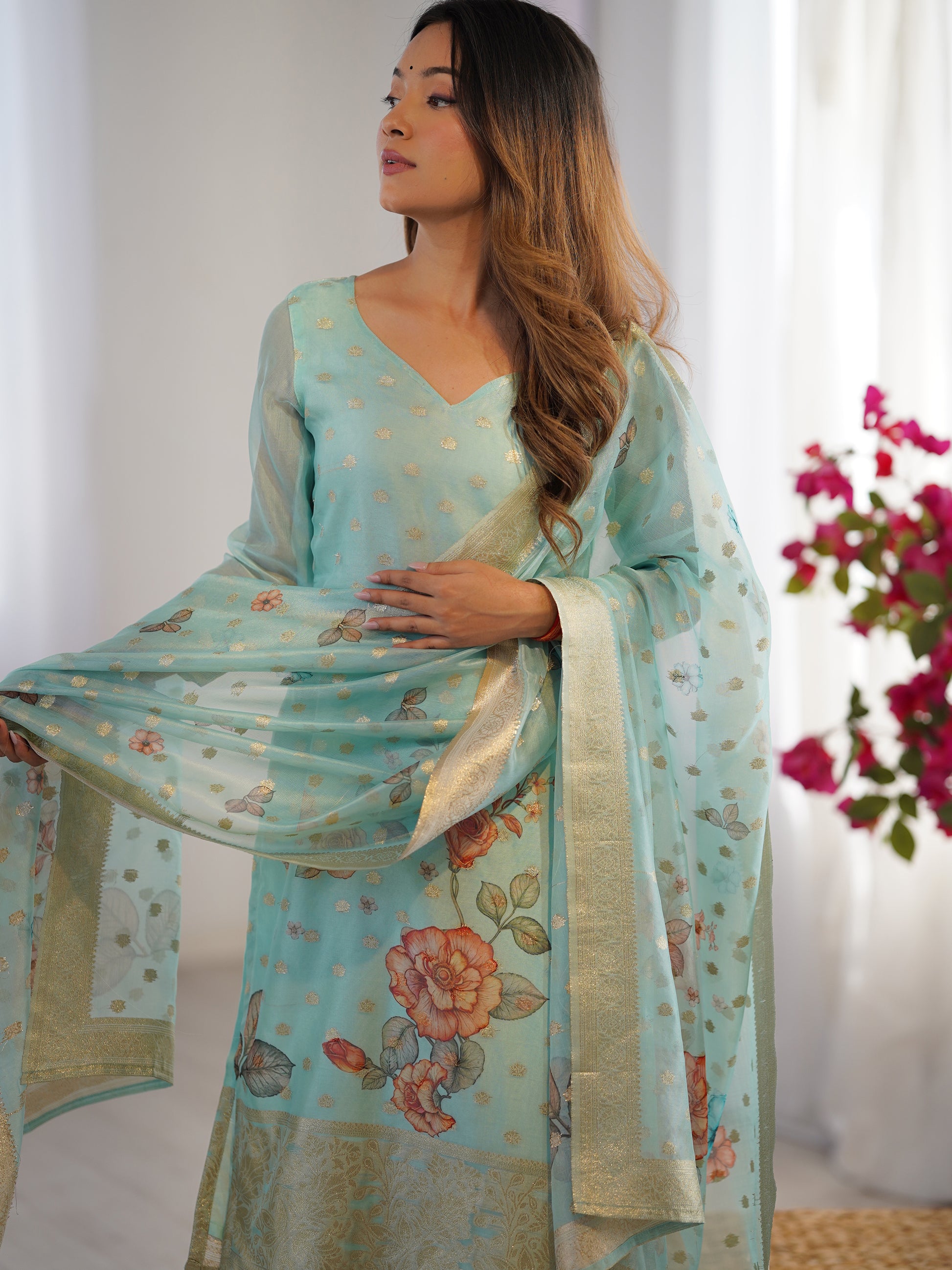 Astonishing Sky-Blue Floral Printed Chanderi Festival Wear Pant Suit