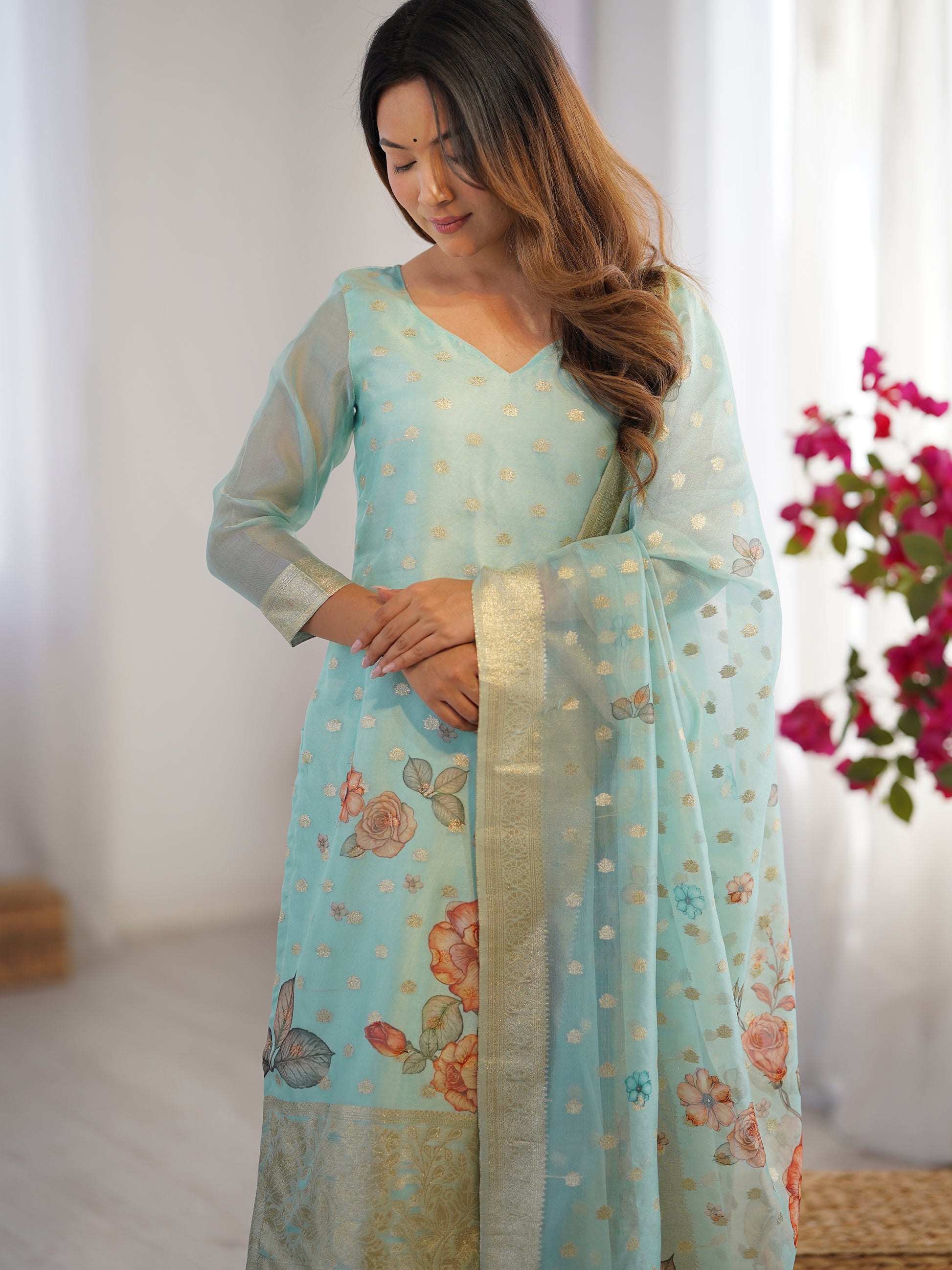 Astonishing Sky-Blue Floral Printed Chanderi Festival Wear Pant Suit