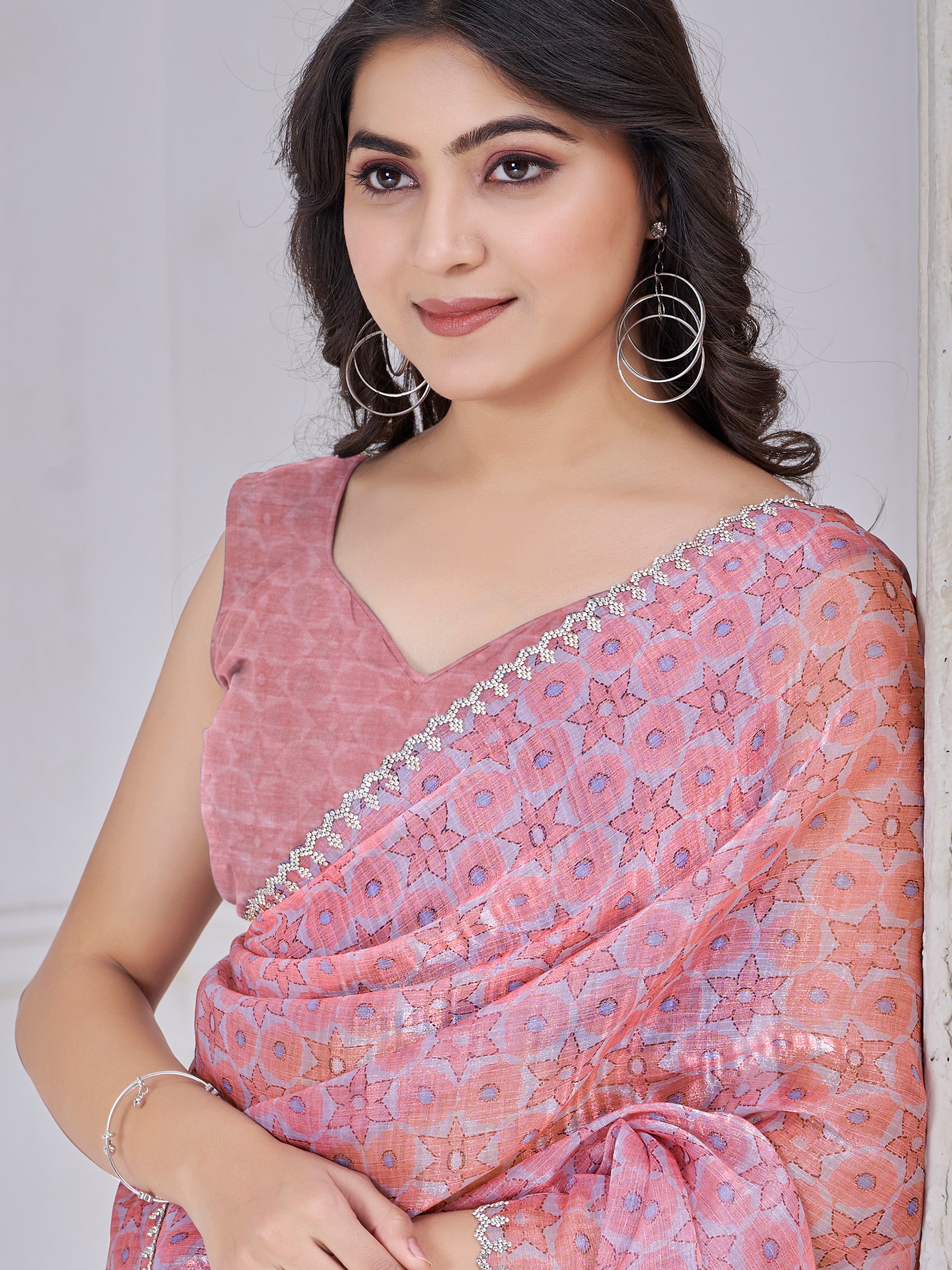 Attractive Light Pink Printed Organza Silk Party Wear Saree With Blouse