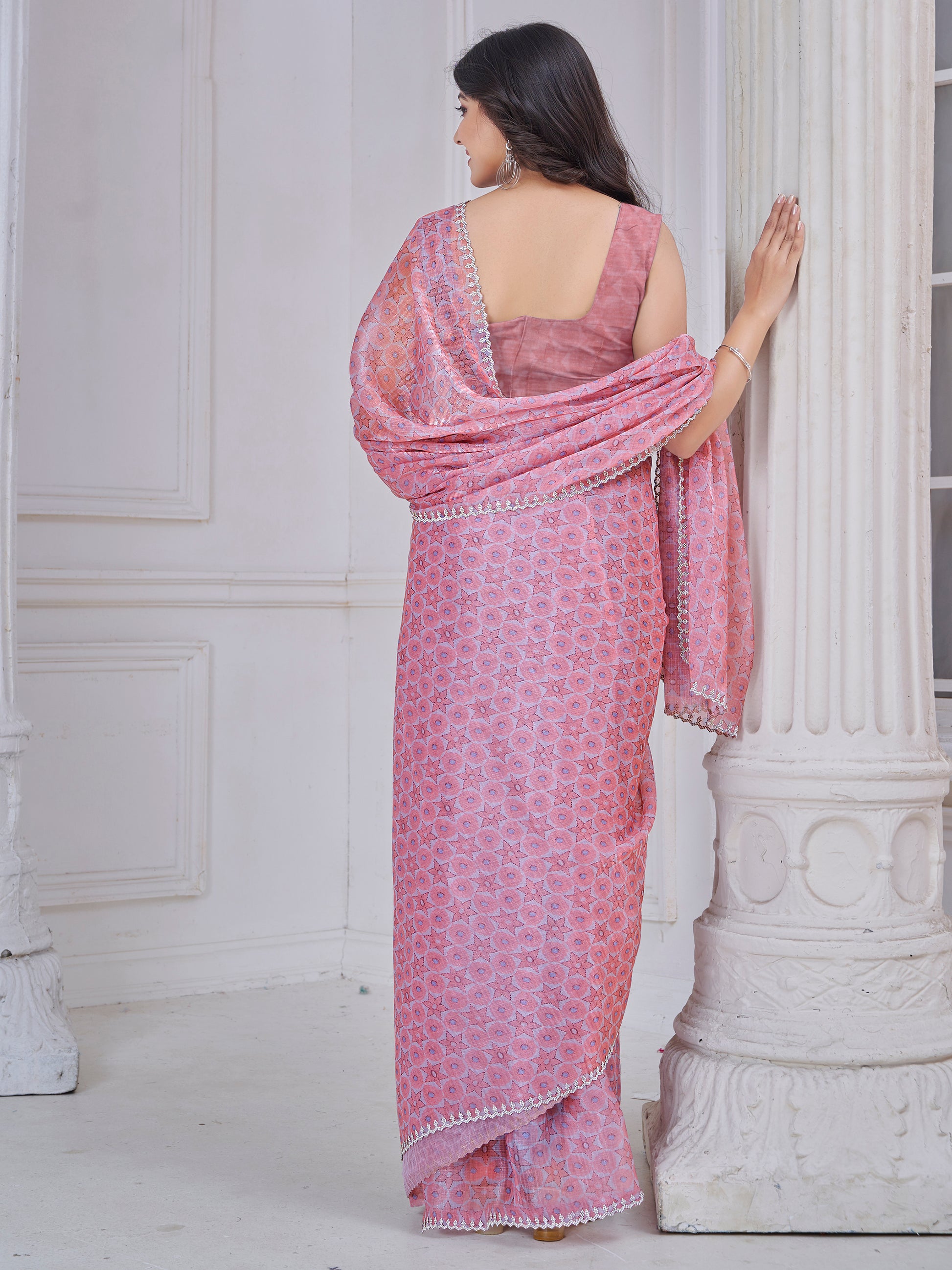Attractive Light Pink Printed Organza Silk Party Wear Saree With Blouse