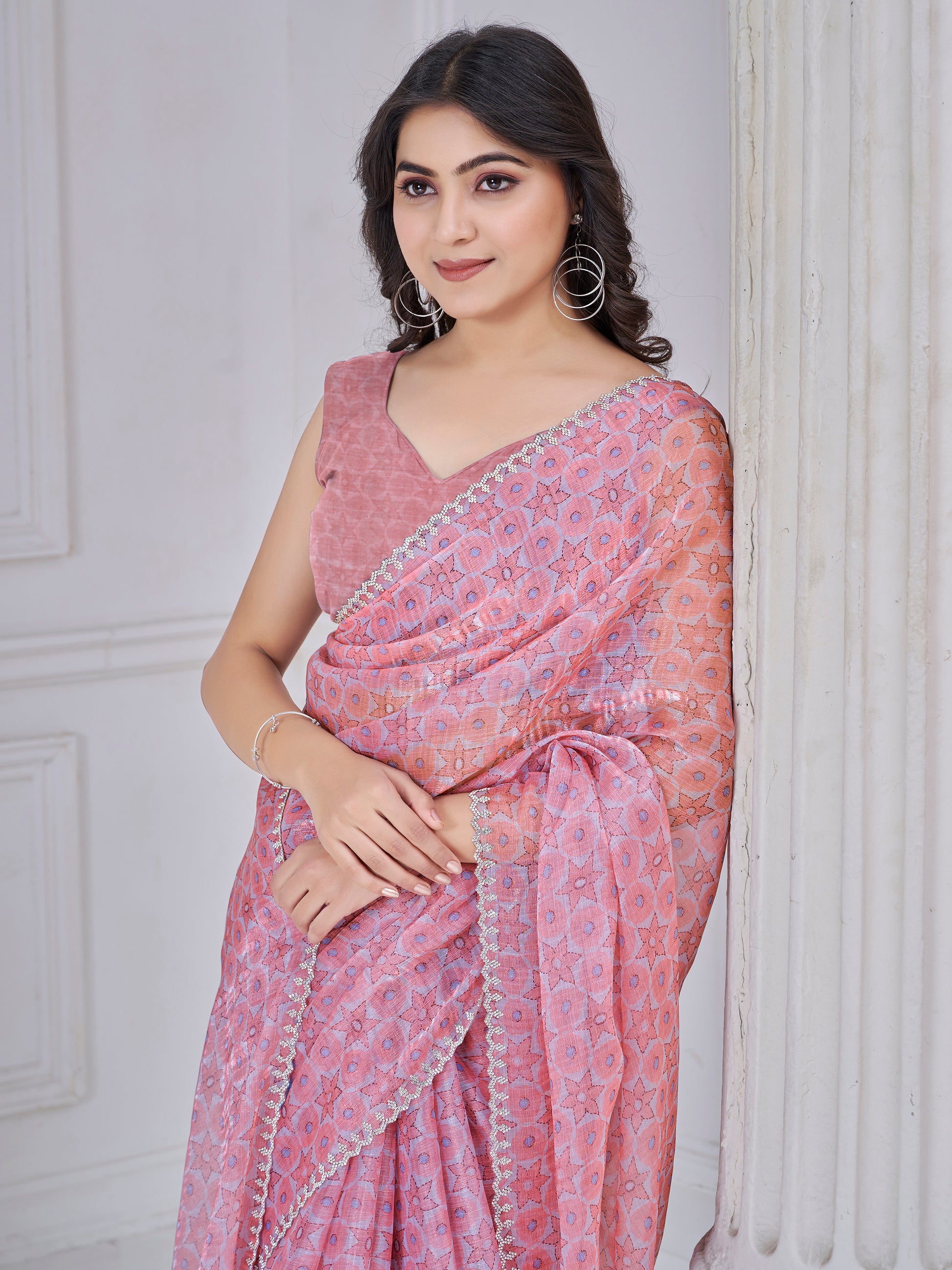 Attractive Light Pink Printed Organza Silk Party Wear Saree With Blouse