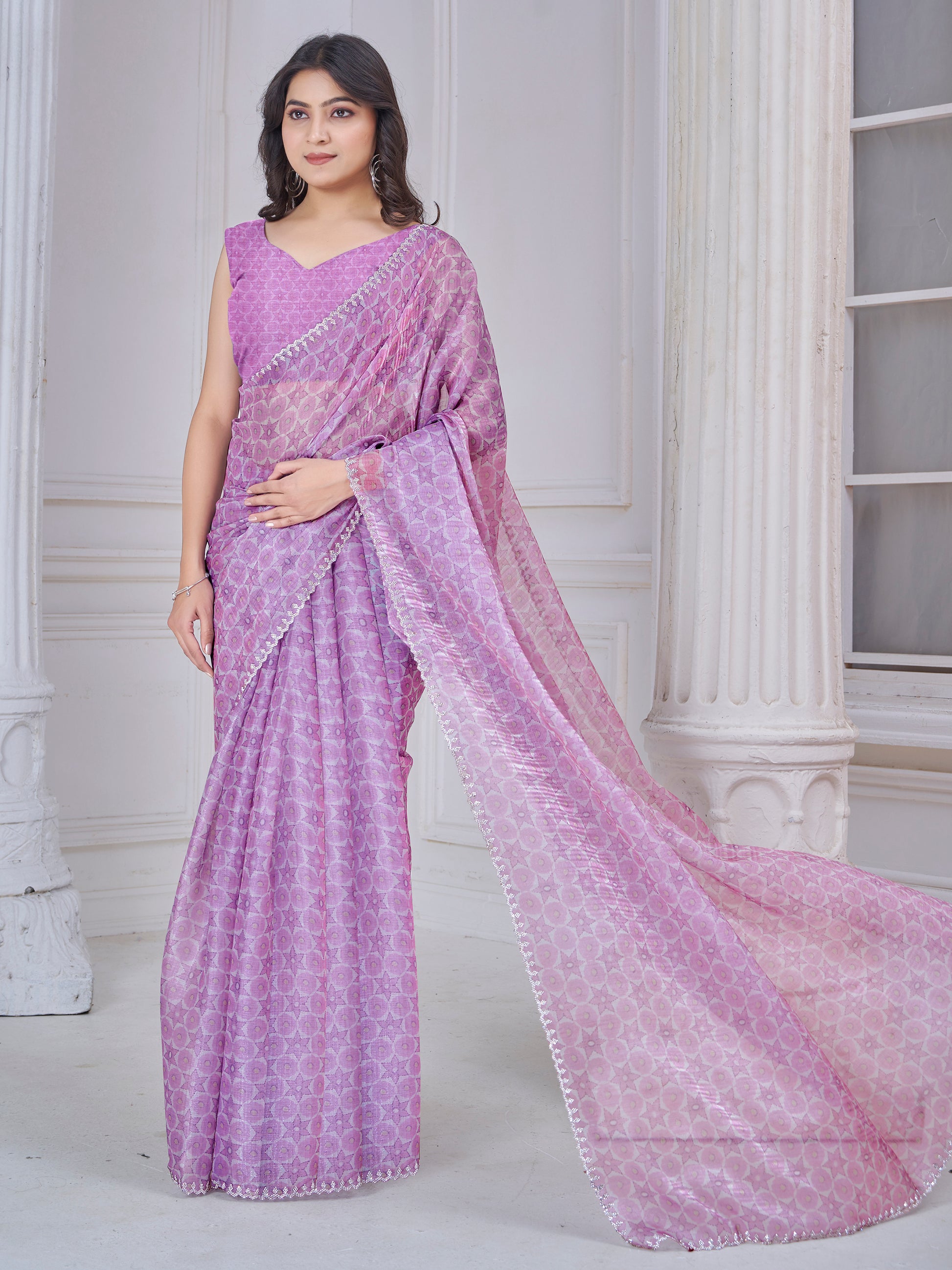 Beautiful Purple Digital Printed Organza Silk Casual Wear Saree With Blouse