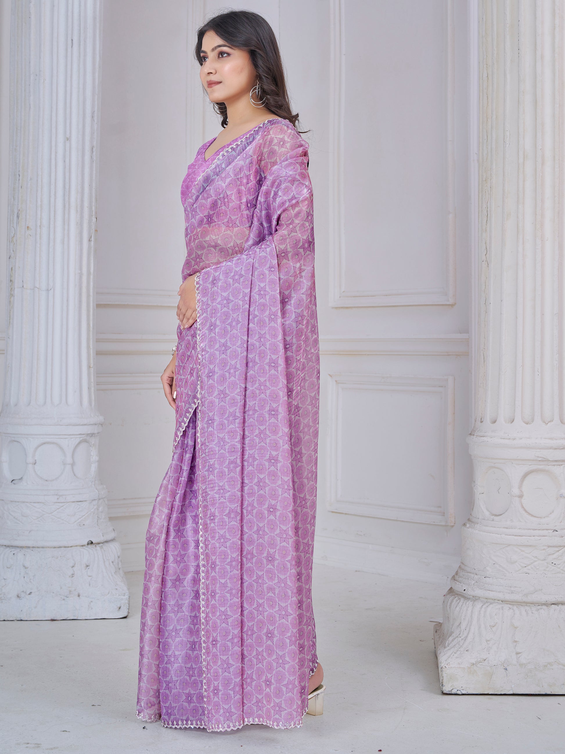 Beautiful Purple Digital Printed Organza Silk Casual Wear Saree With Blouse