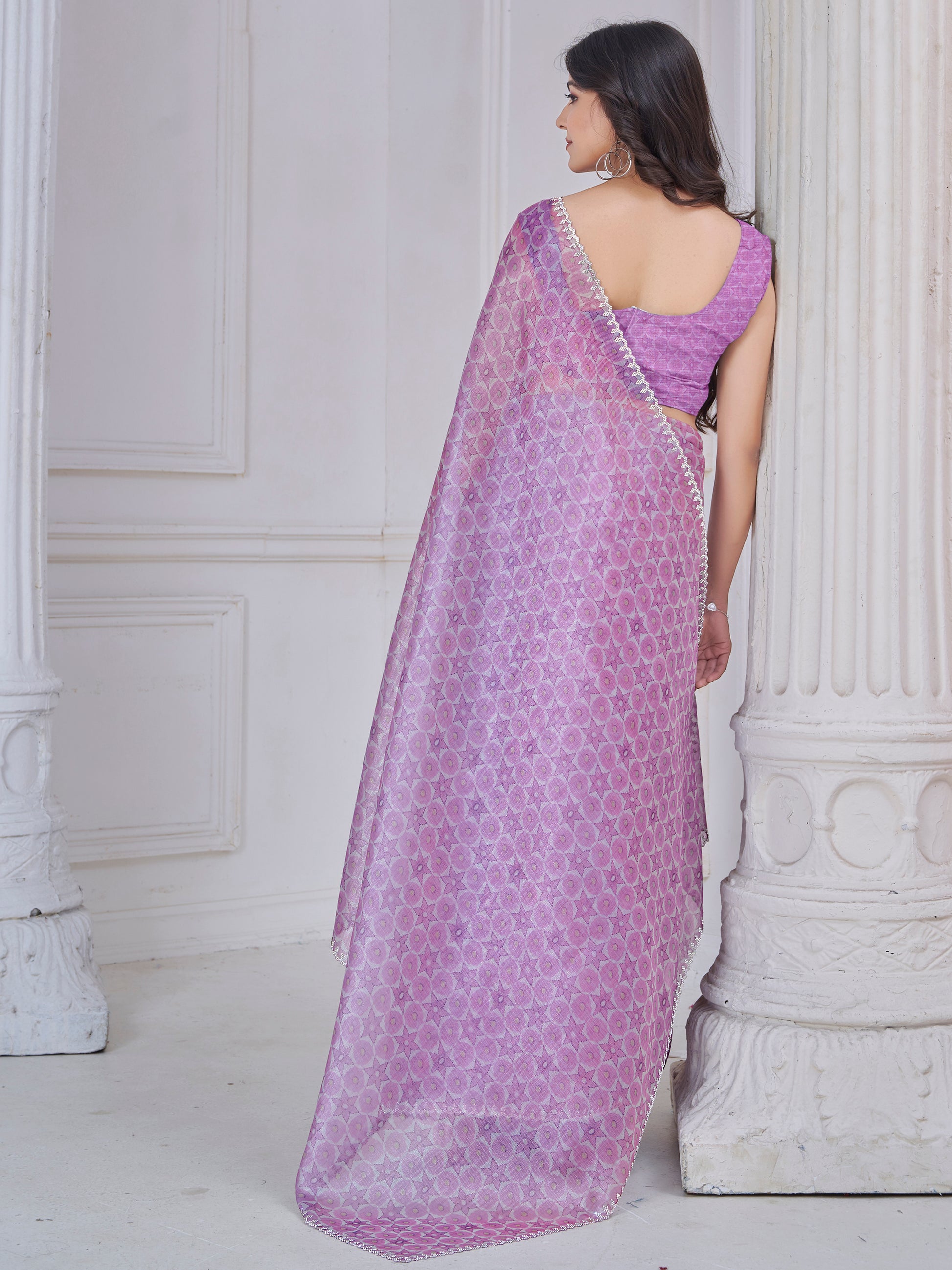 Beautiful Purple Digital Printed Organza Silk Casual Wear Saree With Blouse