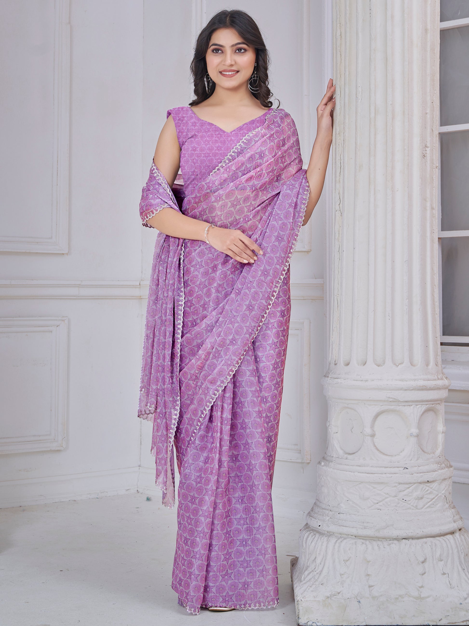 Beautiful Purple Digital Printed Organza Silk Casual Wear Saree With Blouse