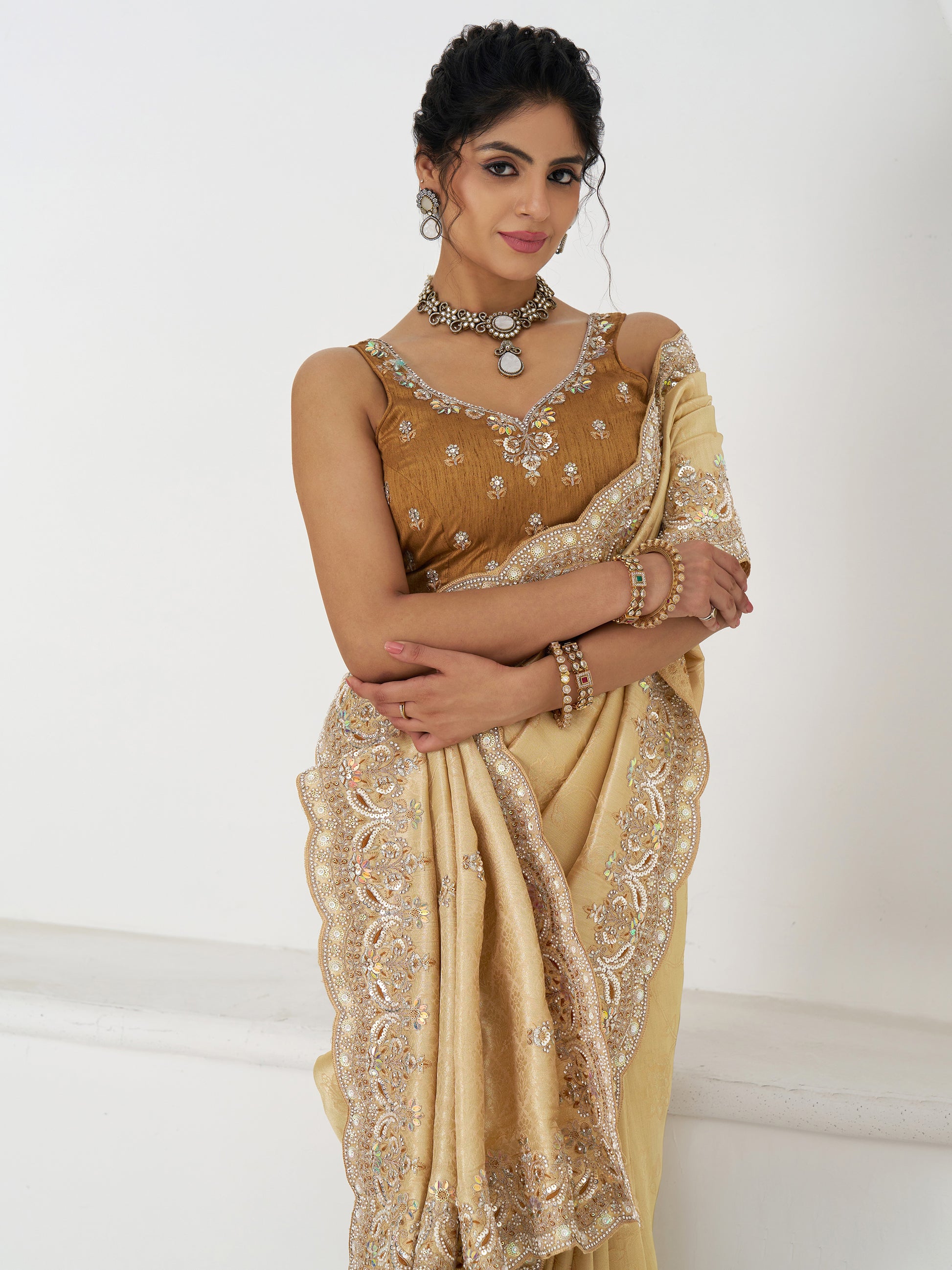 Stunning Beige Dola Silk Border Work Reception Wear Saree