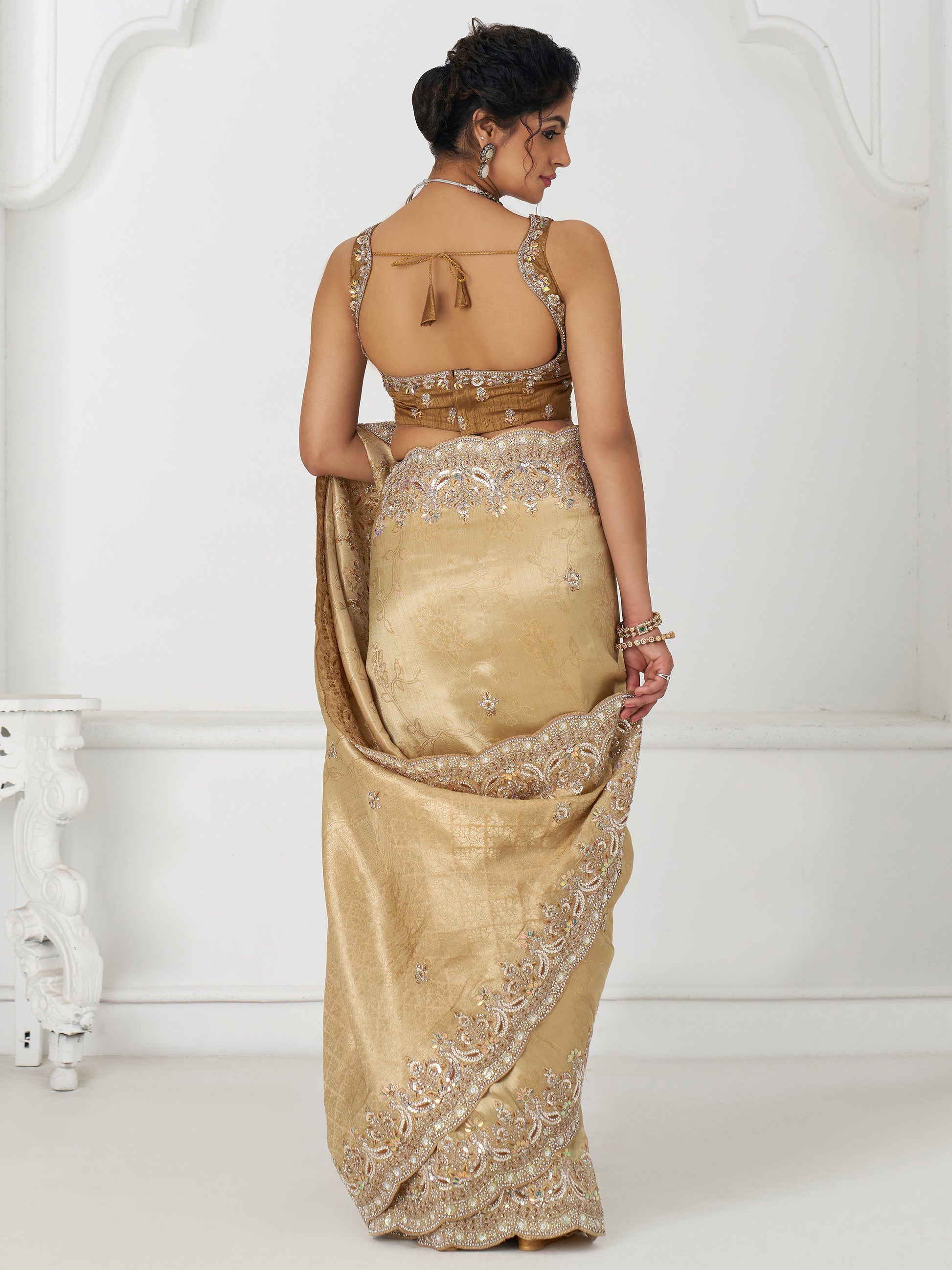 Stunning Beige Dola Silk Border Work Reception Wear Saree