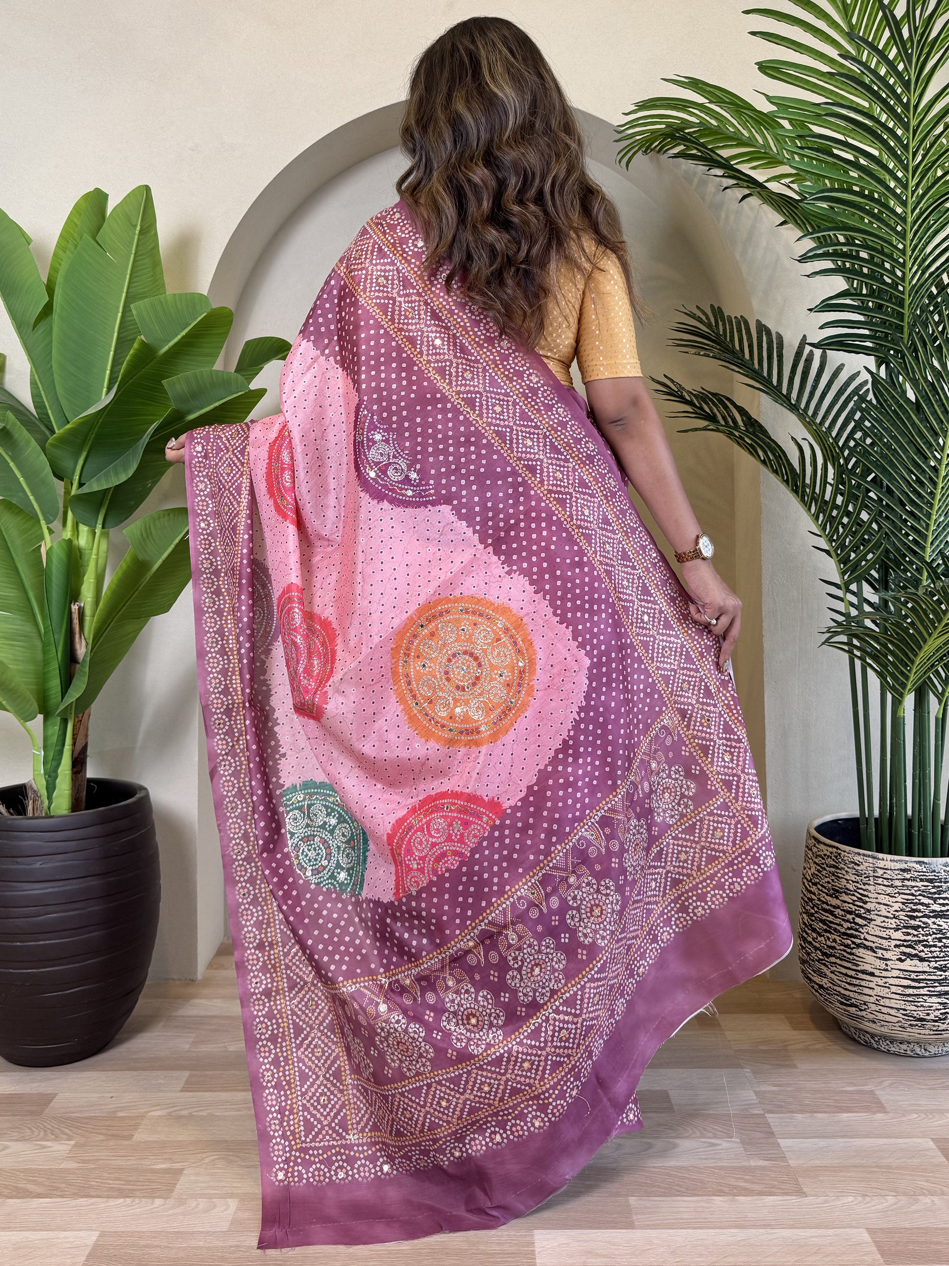 Spectacular Purple Bandhni Printed Tissue Silk Festive Wear Saree
