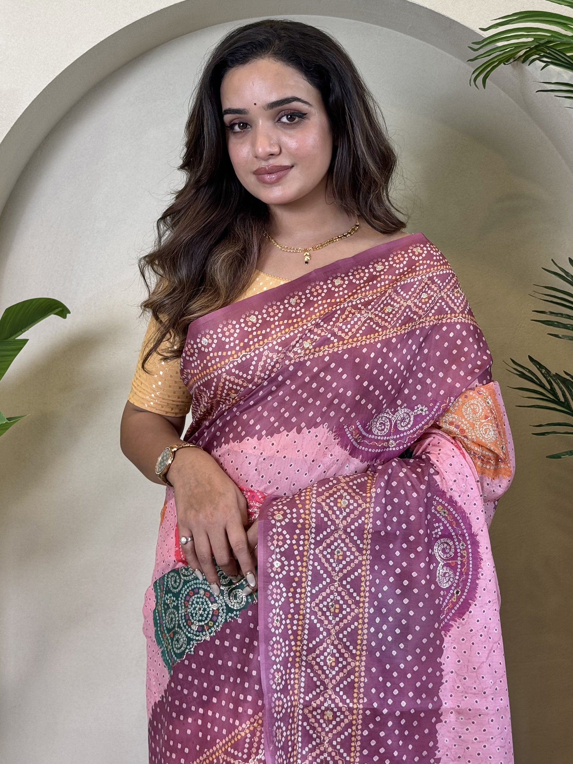Spectacular Purple Bandhni Printed Tissue Silk Festive Wear Saree