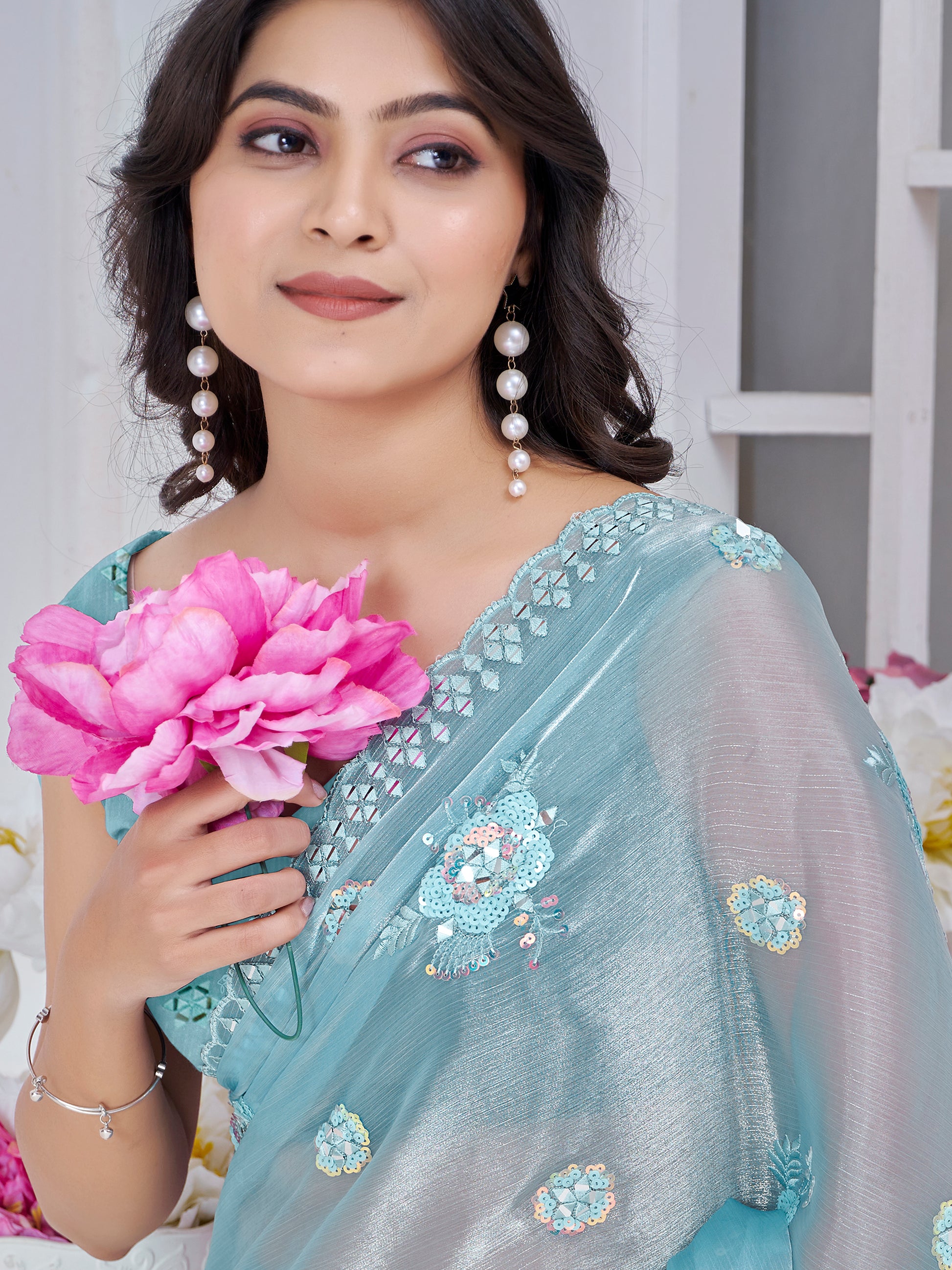Glamorous Sky Blue Thread Embroidered Organza Silk Designer Saree