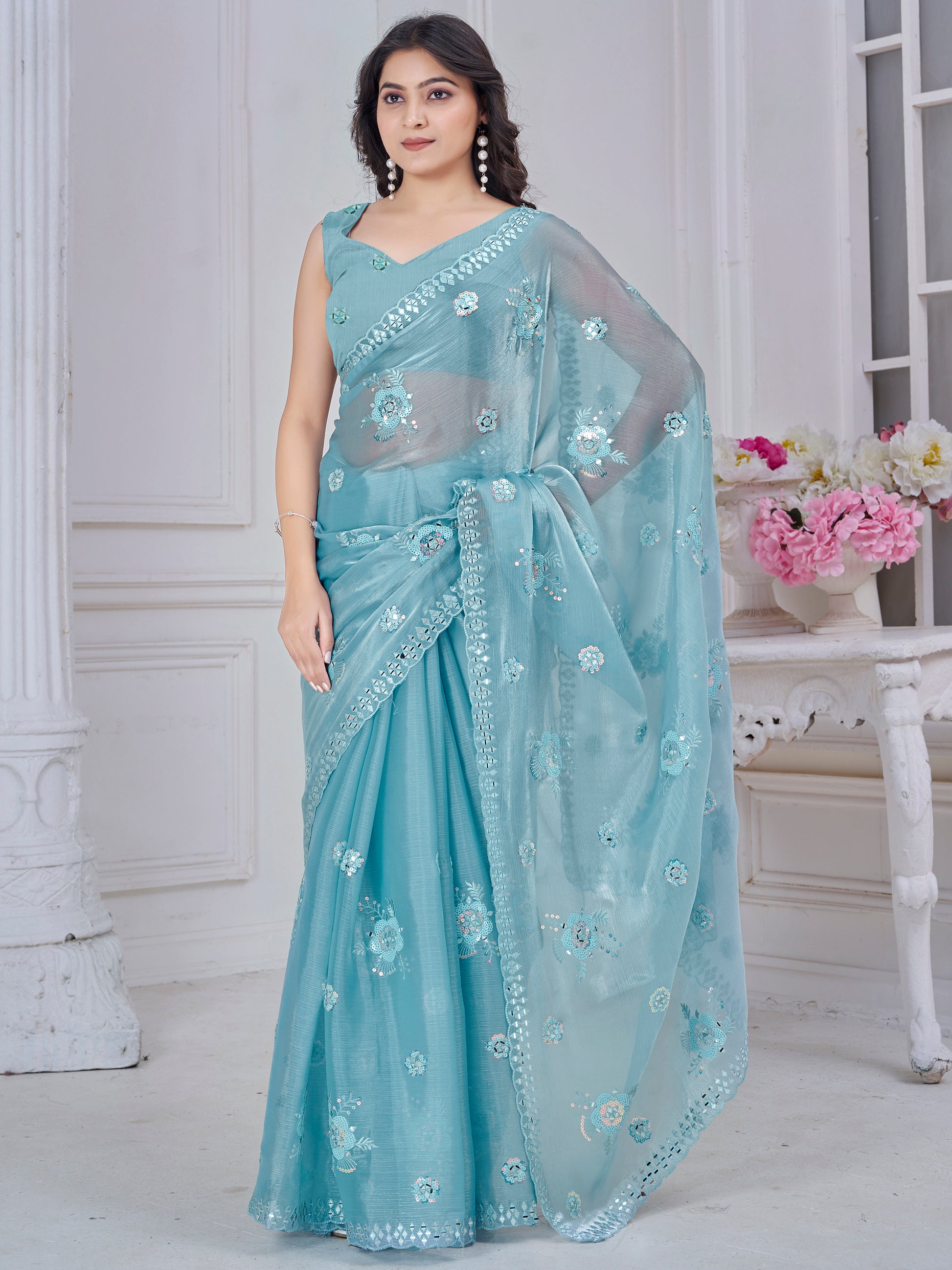 Glamorous Sky Blue Thread Embroidered Organza Silk Designer Saree