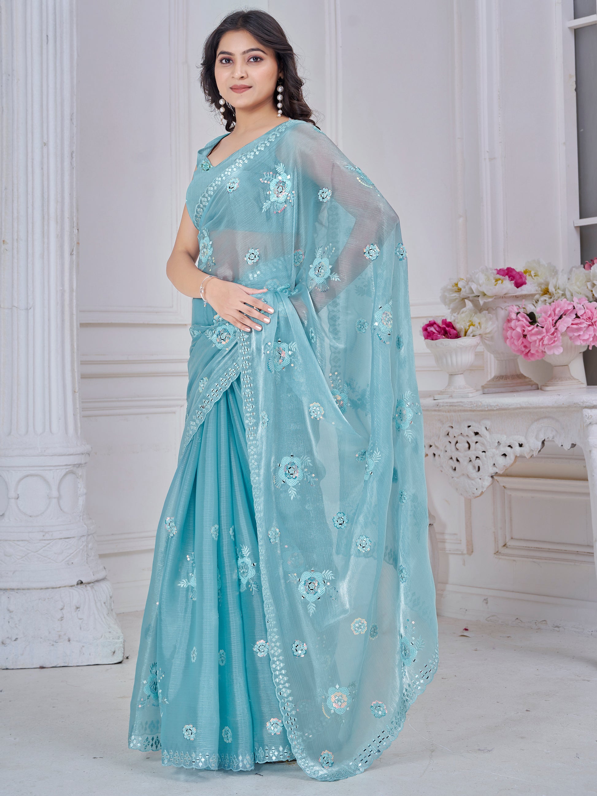 Glamorous Sky Blue Thread Embroidered Organza Silk Designer Saree