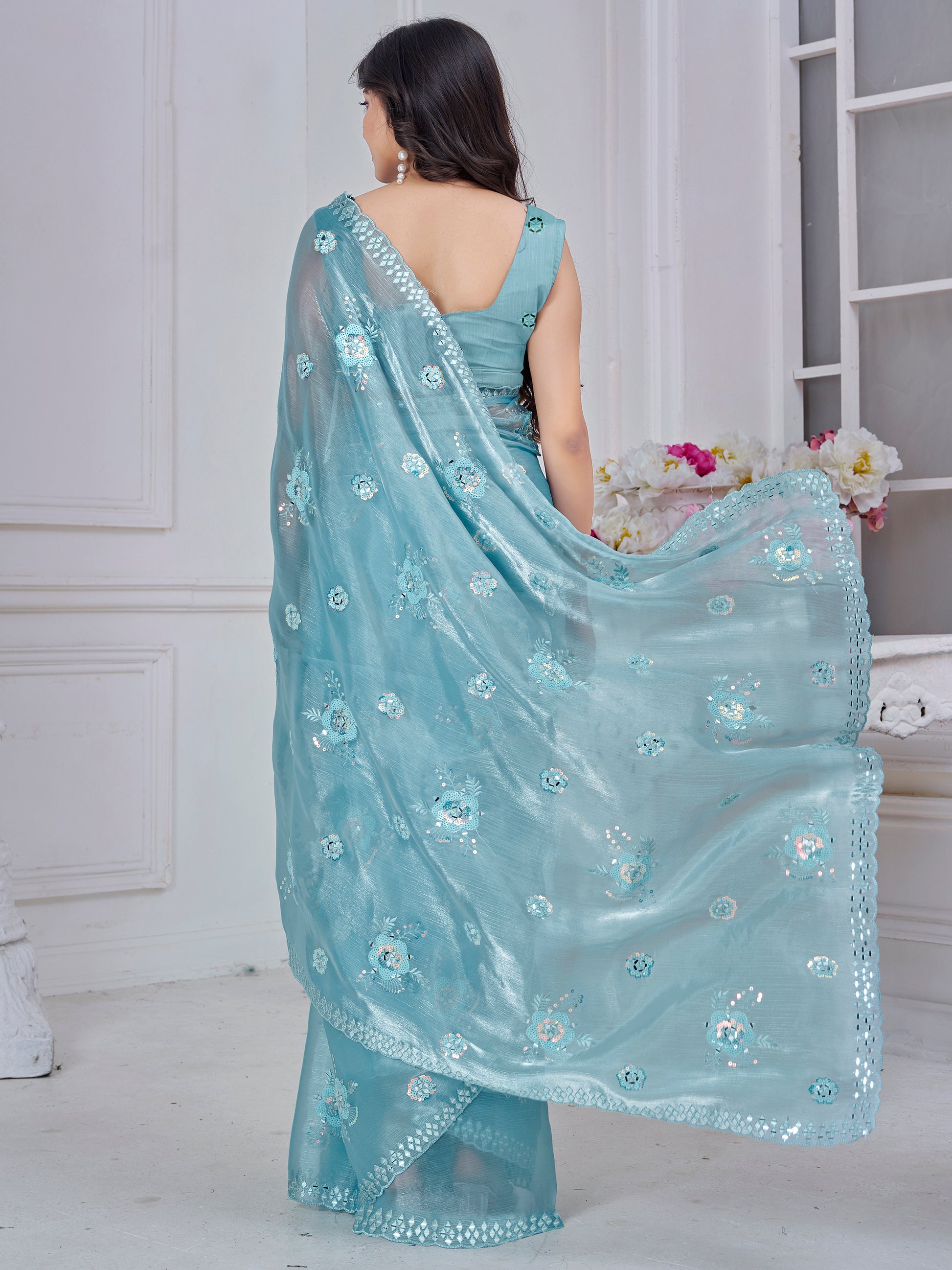Glamorous Sky Blue Thread Embroidered Organza Silk Designer Saree